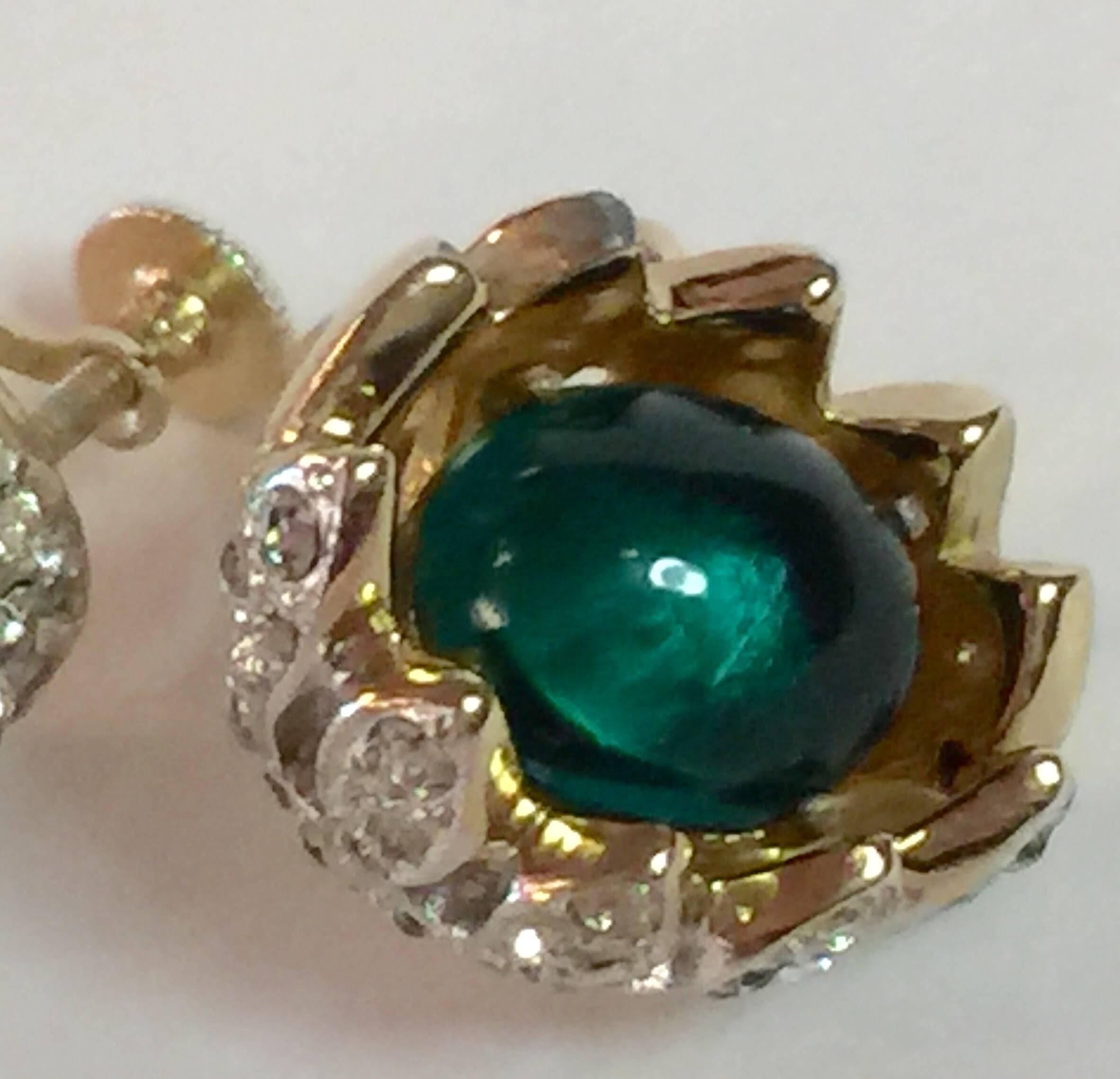 CoroCraft Goldtone Carmen Miranda Screwback Camellia Bud Green Cabochon Earrings In Excellent Condition For Sale In Palm Springs, CA