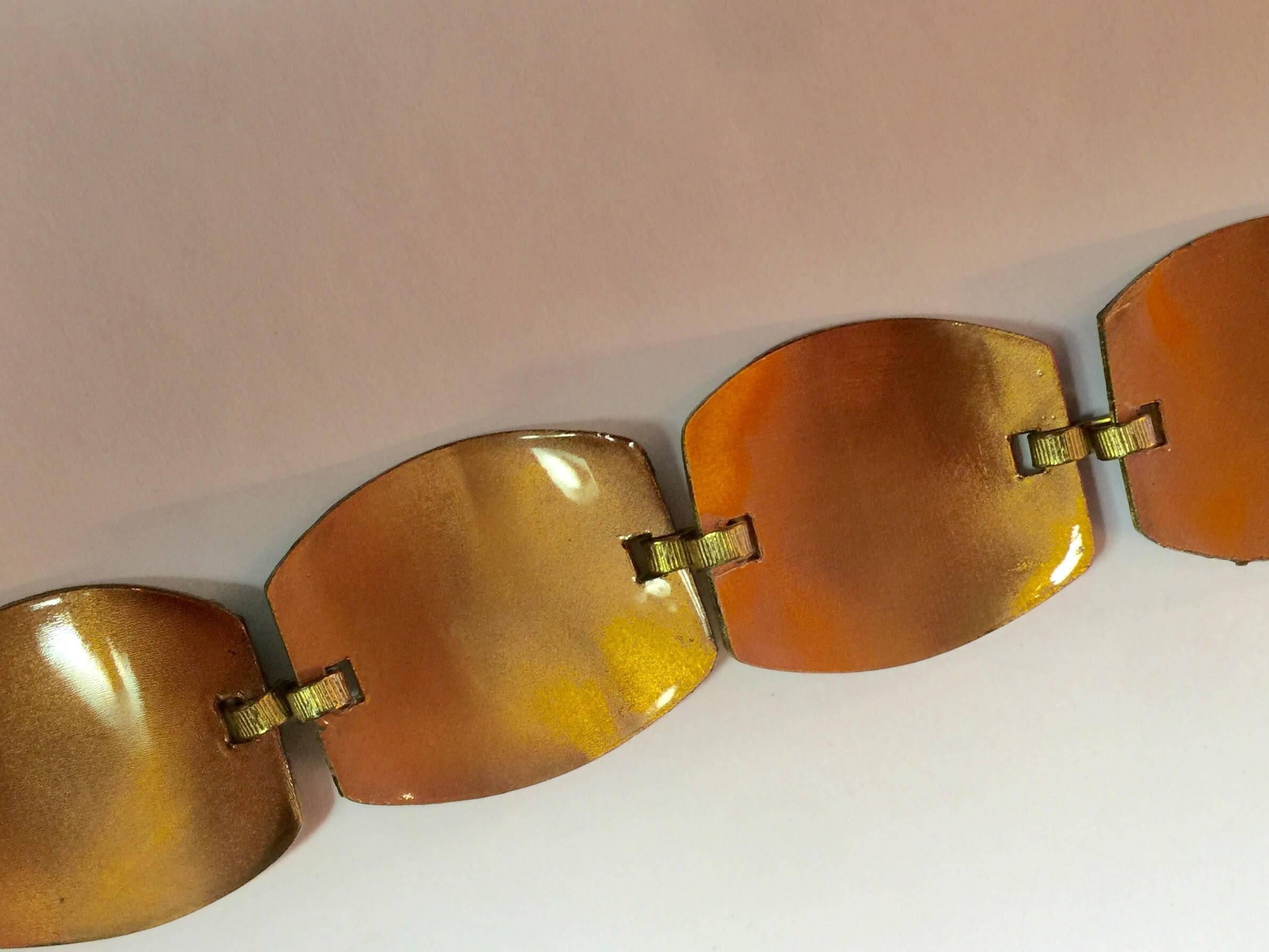 Artisan Copper Floral Enamel Panelled Link Bracelet For Sale 2