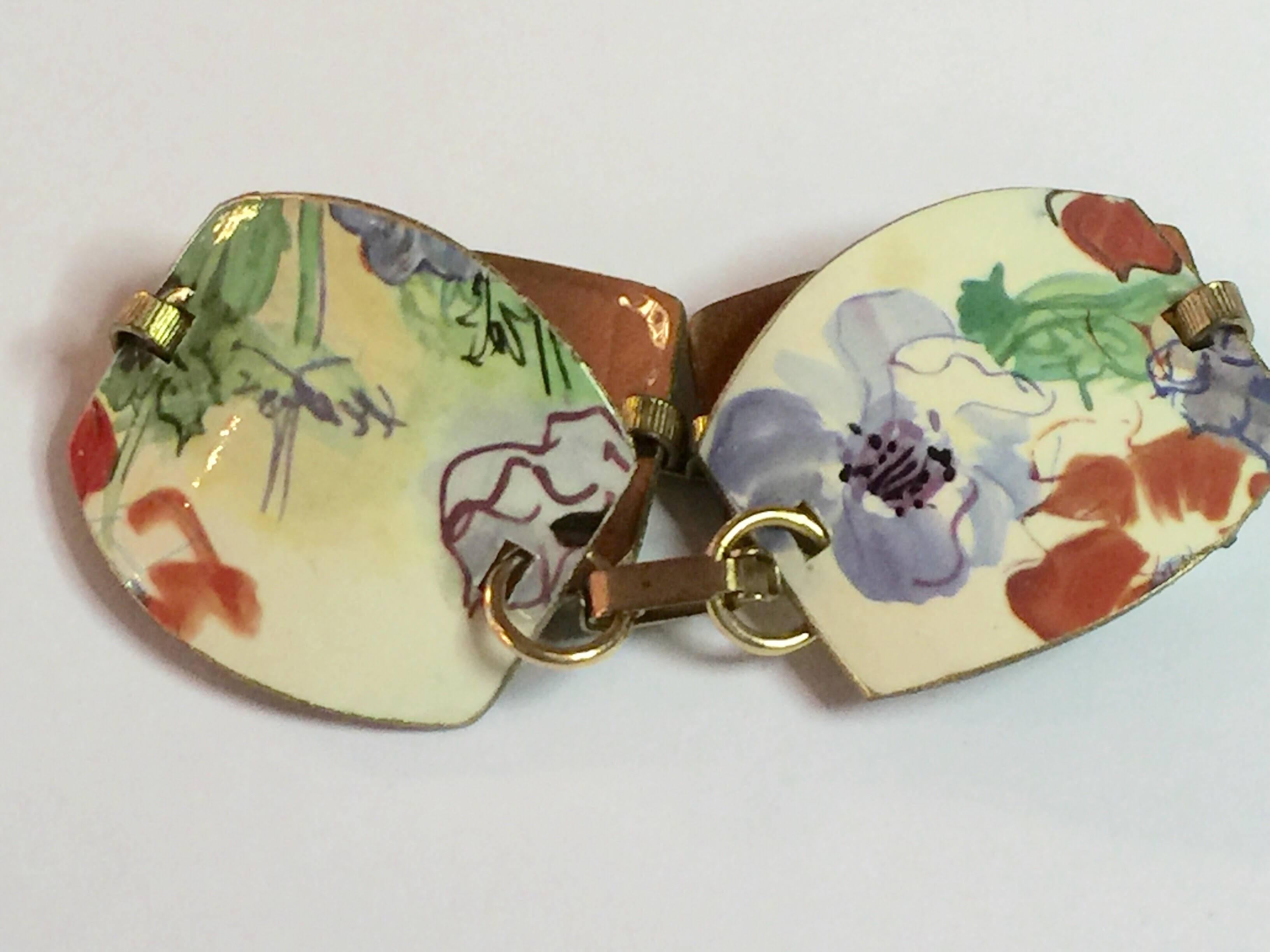 Artisan Copper Floral Enamel Panelled Link Bracelet For Sale 1