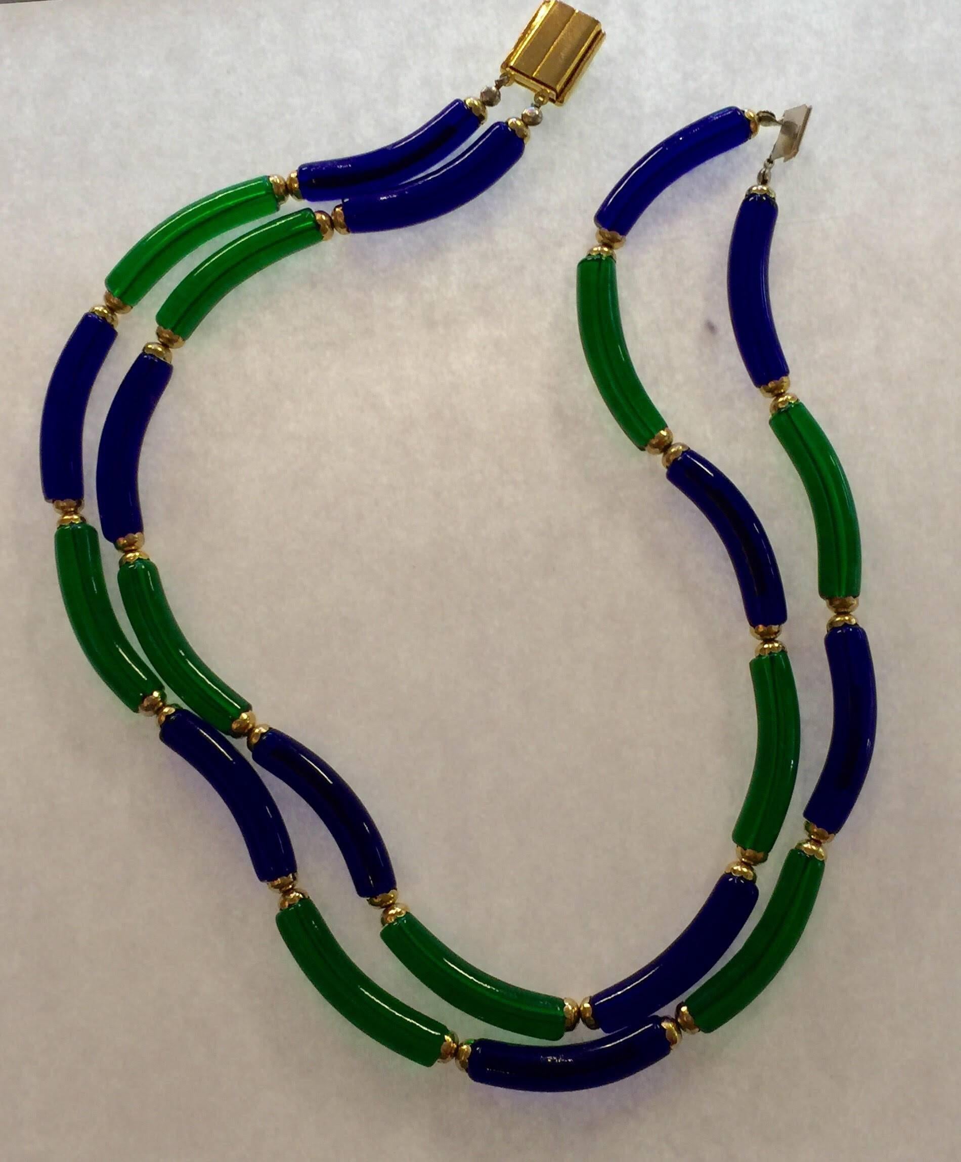 Archimede Seguso for CHANEL Cobalt and Emerald Tubular Glass Art Necklace For Sale 1