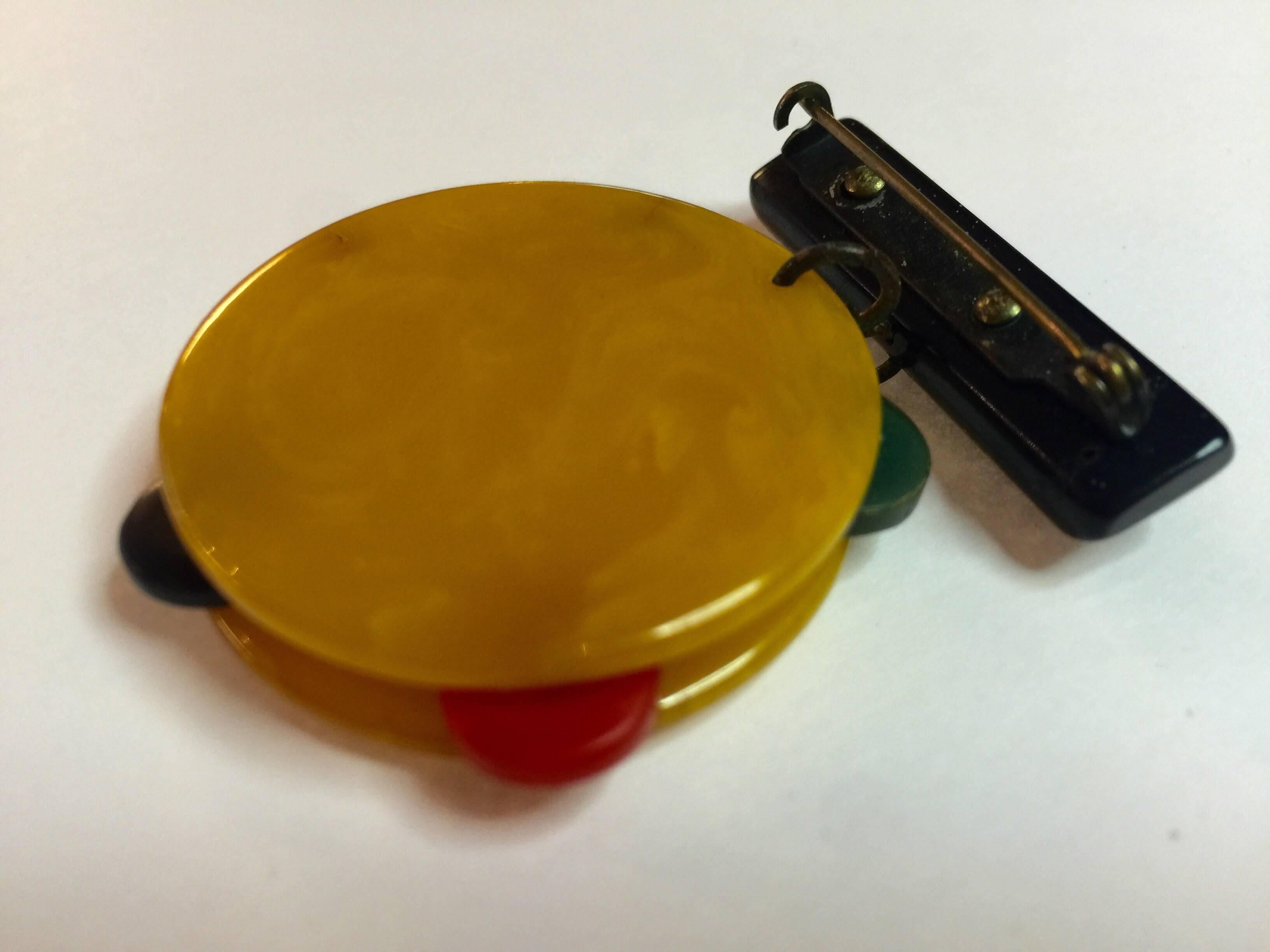 1930s Multicolored Bakelite Figural Tambourine Dangling from Bar Brooch Pin In Excellent Condition For Sale In Palm Springs, CA