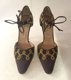 Manolo Blahnik Stiletto Heeled Shoes Leopard Print Suede Embroidery Size 35 1/2