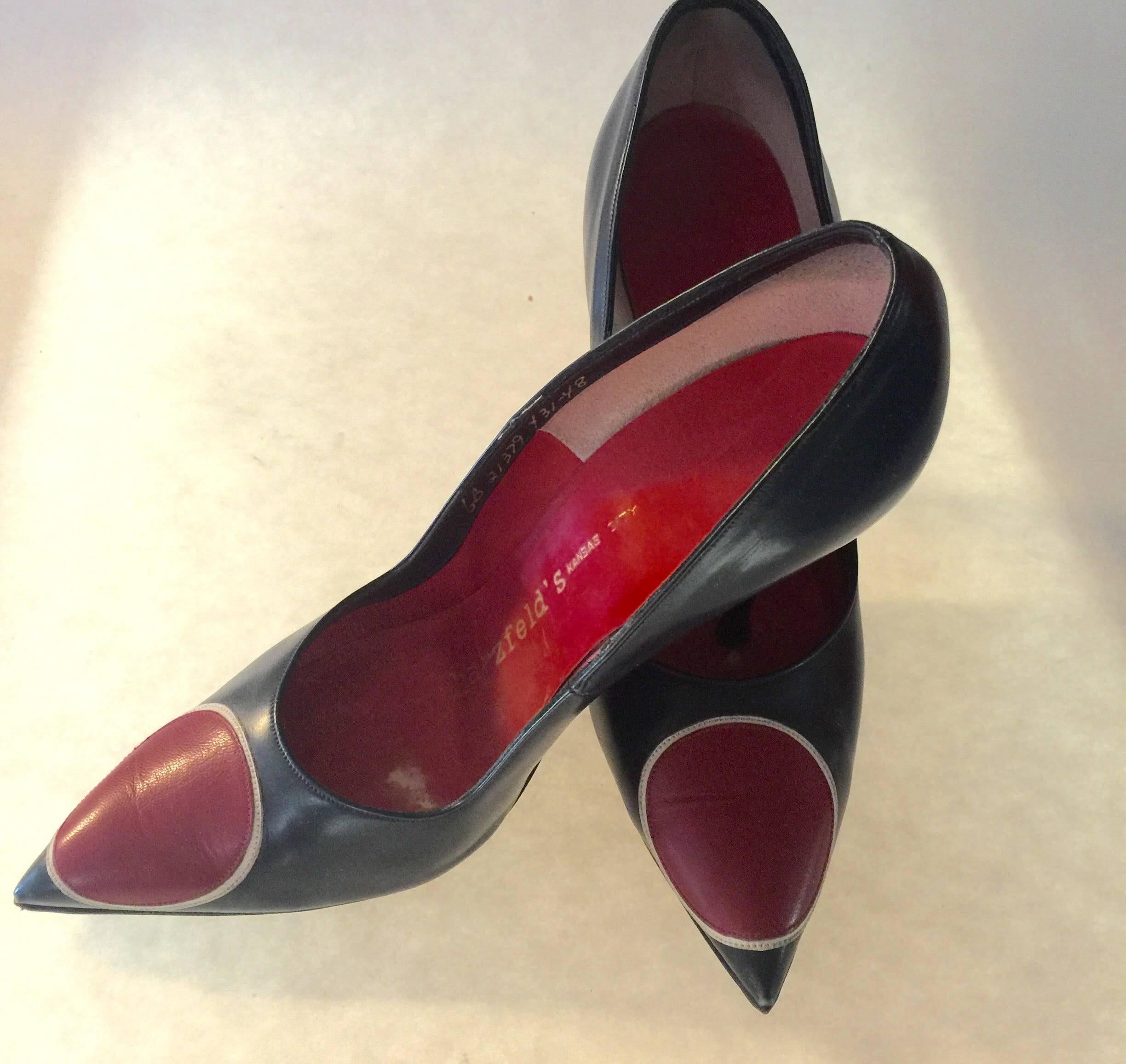 Fabulous Navy Blue and red Leather 1960's super stiletto vintage high heeled shoes. SIZE 6B. Amazing design, Herbert levine shoes are considered to be among the finest designed shoes of any desginer and maker in any decade. Shoe designer