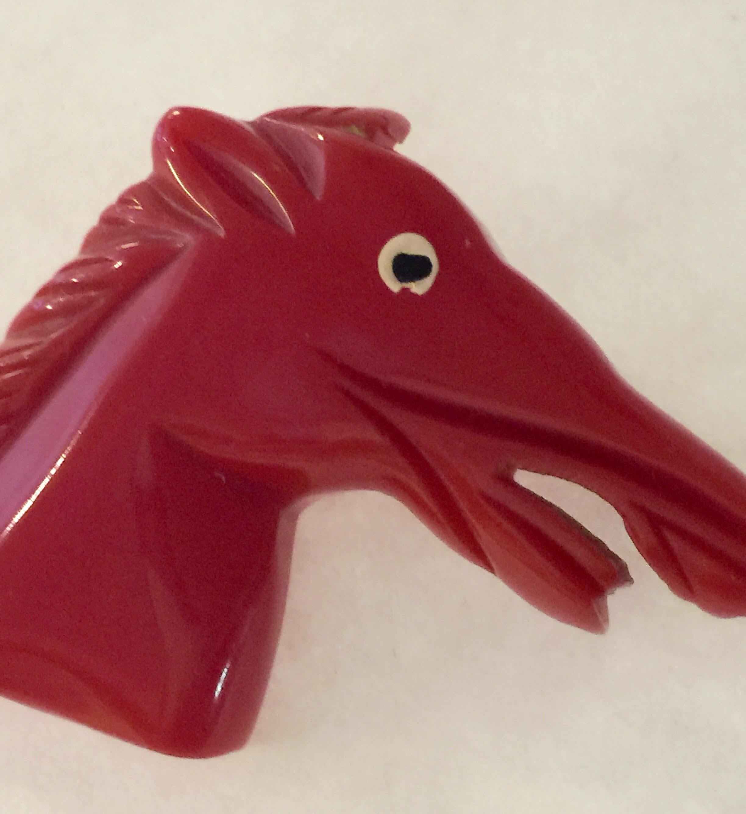 Pair 1930s Black Red Bakelite Braying Donkeys Horses Brooches/Pins In Excellent Condition For Sale In Palm Springs, CA