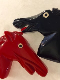 Pair 1930s Black Red Bakelite Braying Donkeys Horses Brooches/Pins