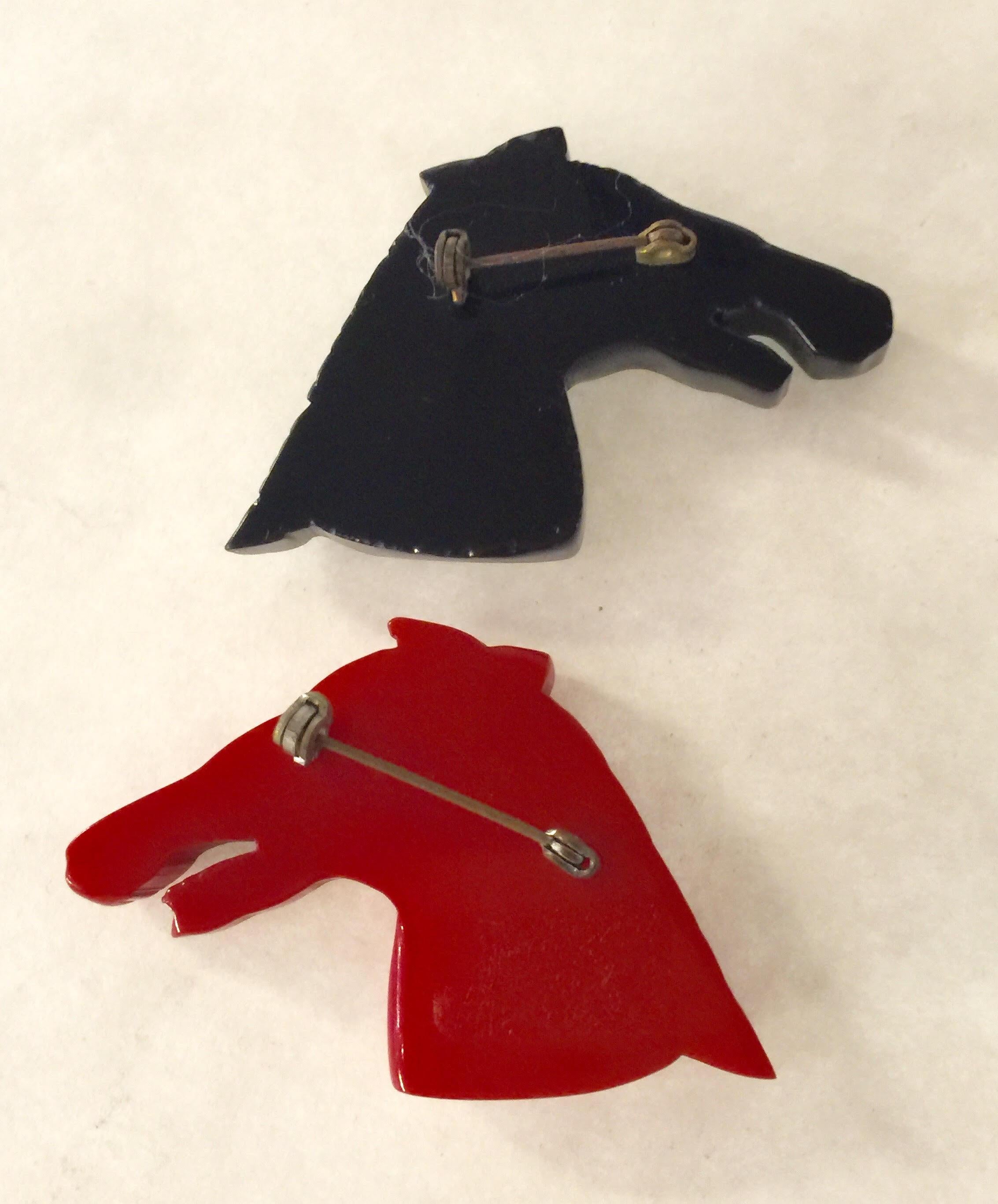 Pair 1930s Black Red Bakelite Braying Donkeys Horses Brooches/Pins For Sale 1