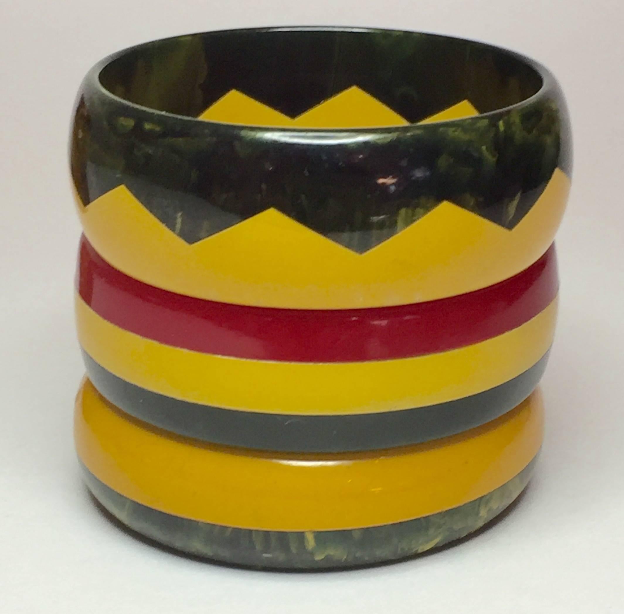 1930's Art Deco Bakelite TRIAD of  (3) Geometric Bangles in Red Cream and Blue For Sale