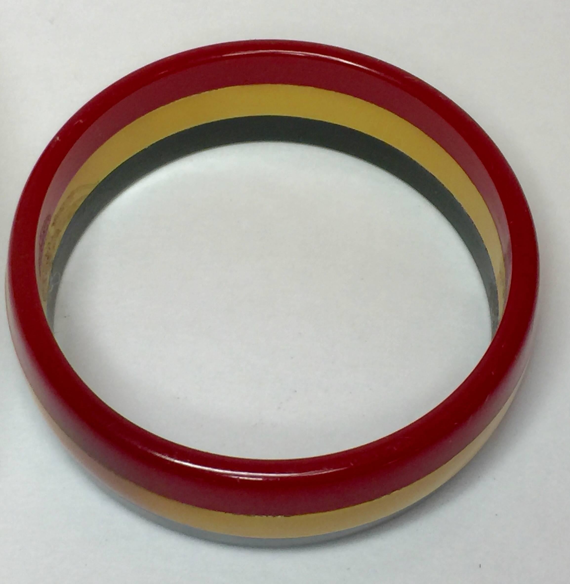 1930's Art Deco Bakelite TRIAD of  (3) Geometric Bangles in Red Cream and Blue For Sale 1