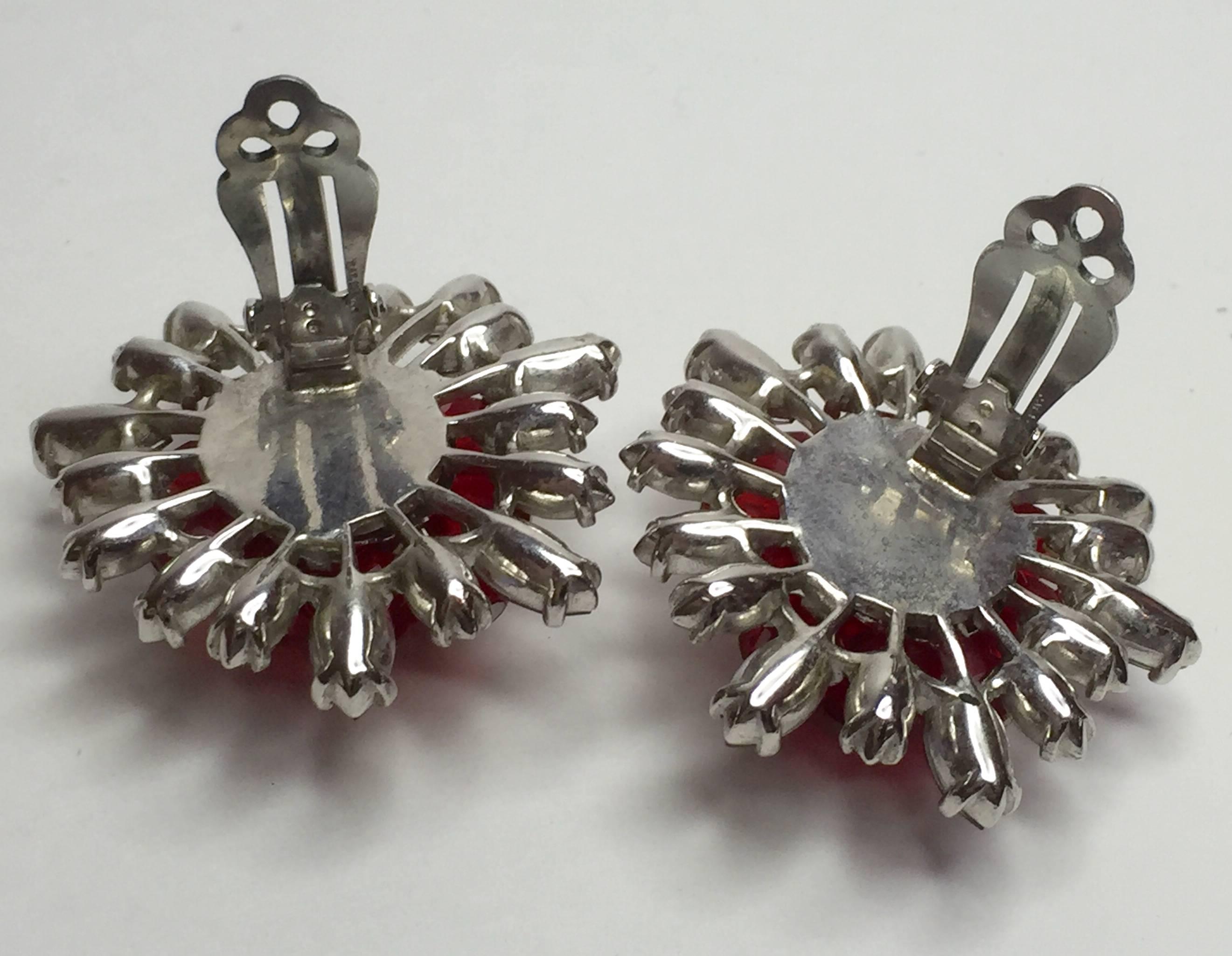 Women's SCHIAPARELLI Faux Ruby and Auroral Borealis Rhinestone Elaborate Earrings For Sale