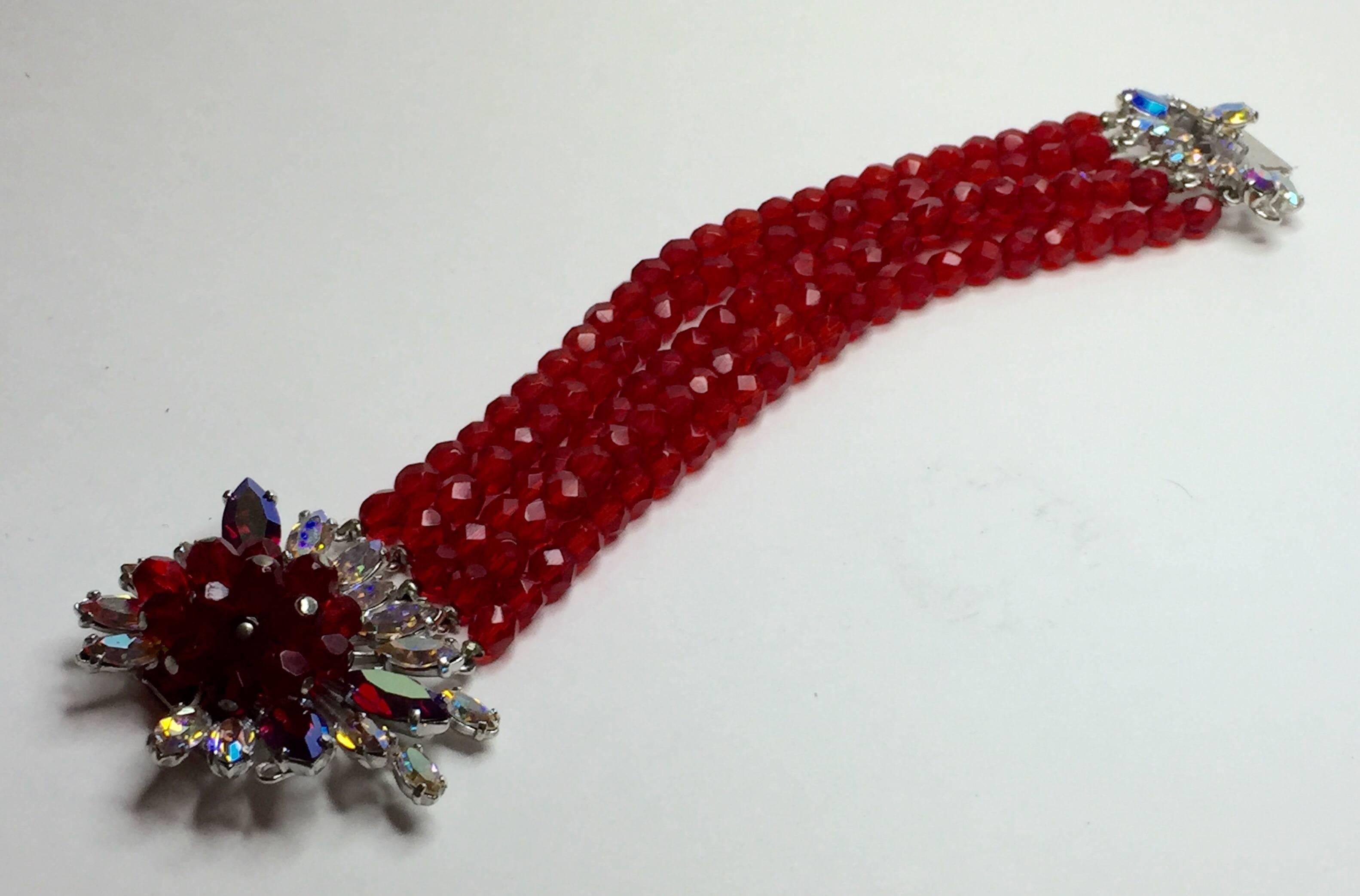 1950s SCHIAPARELLI  5-strand Faux Ruby Bracelet with Elaborate Stonework Clasp In Excellent Condition For Sale In Palm Springs, CA