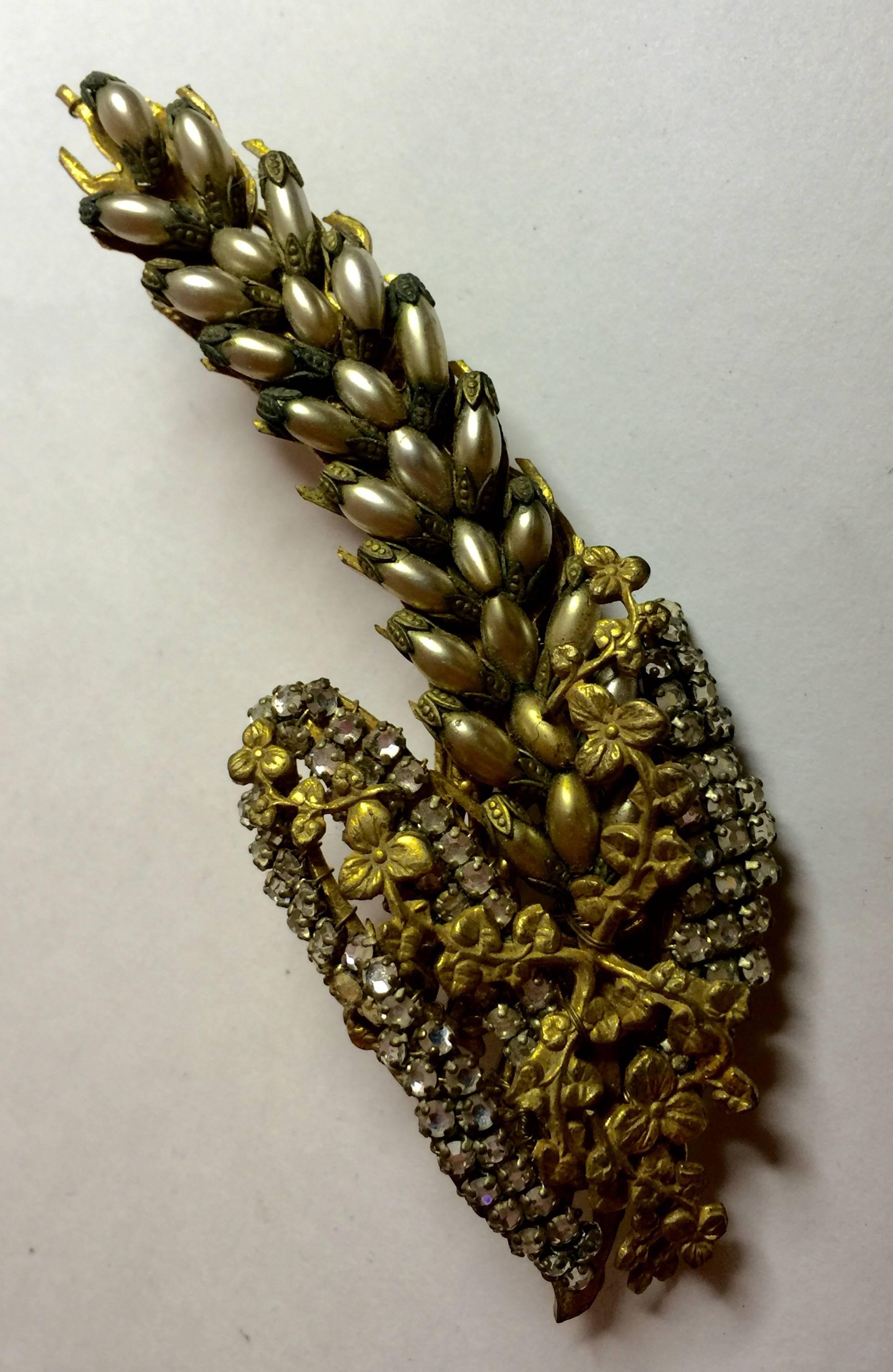 1950s Fine MIRIAM HASKELL Seed Pearl and Montee Elaborate DELPHINIUM Brooch Pin In Excellent Condition For Sale In Palm Springs, CA