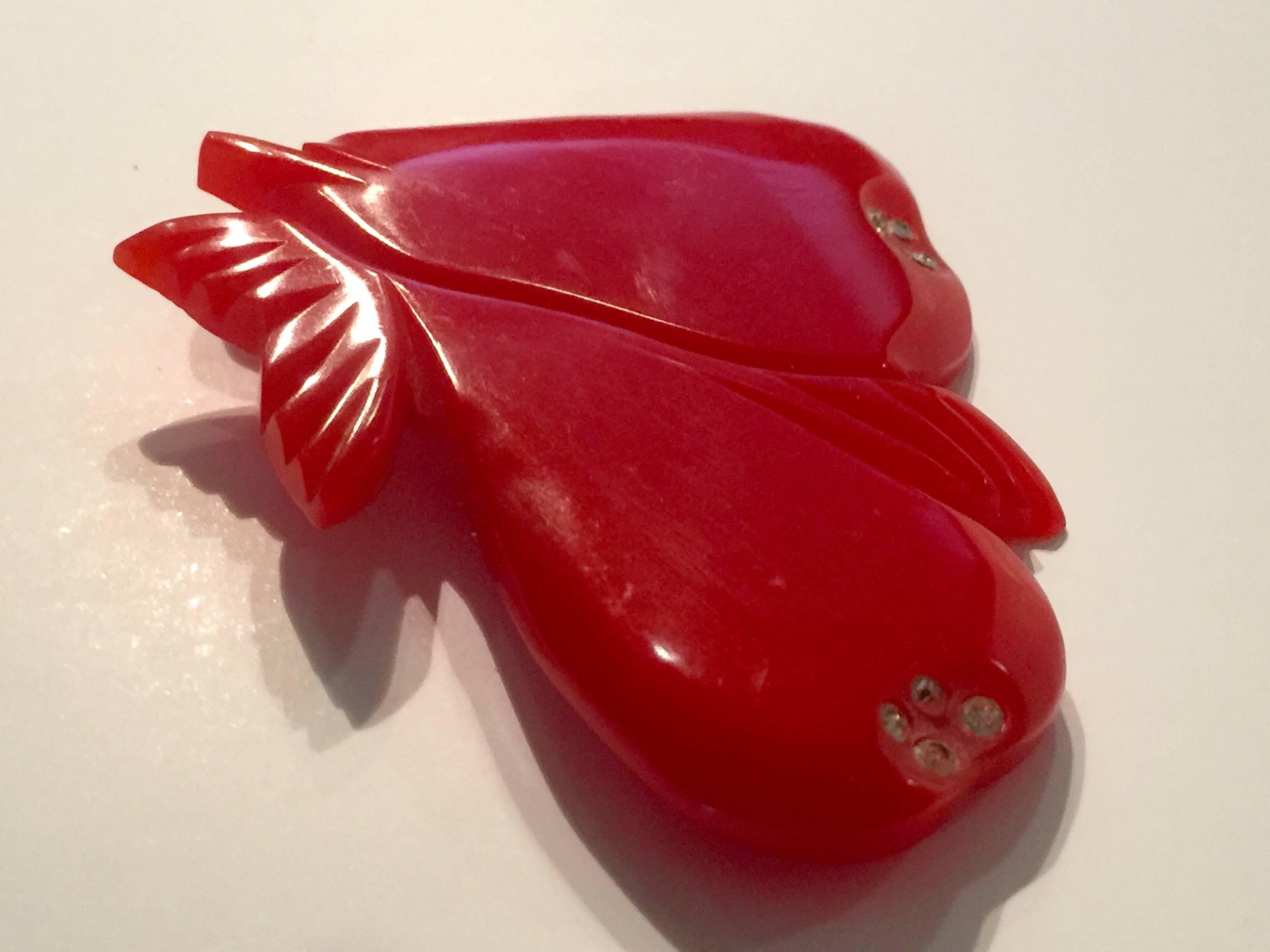 1930s RED Bakelite Double Pears Pin Brooch Rhinestone Detail In Excellent Condition For Sale In Palm Springs, CA