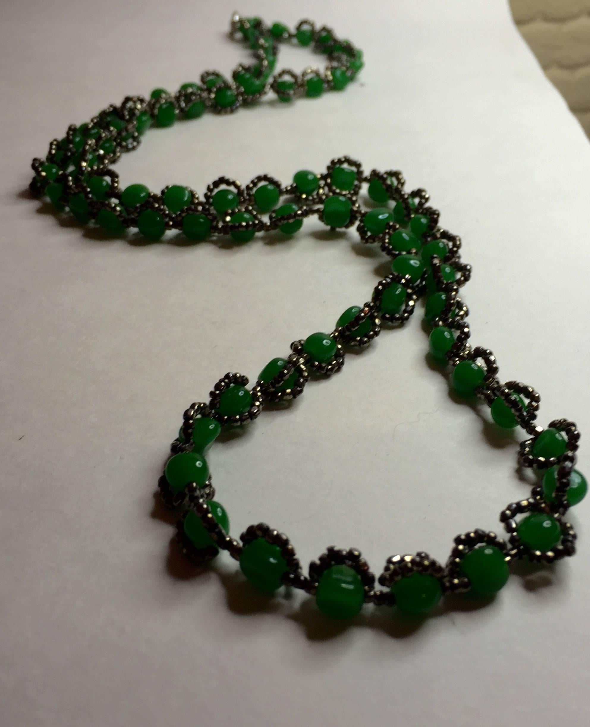 1970's William deLillo Faux Jade and Hematite Seed Bead Necklace For Sale 1