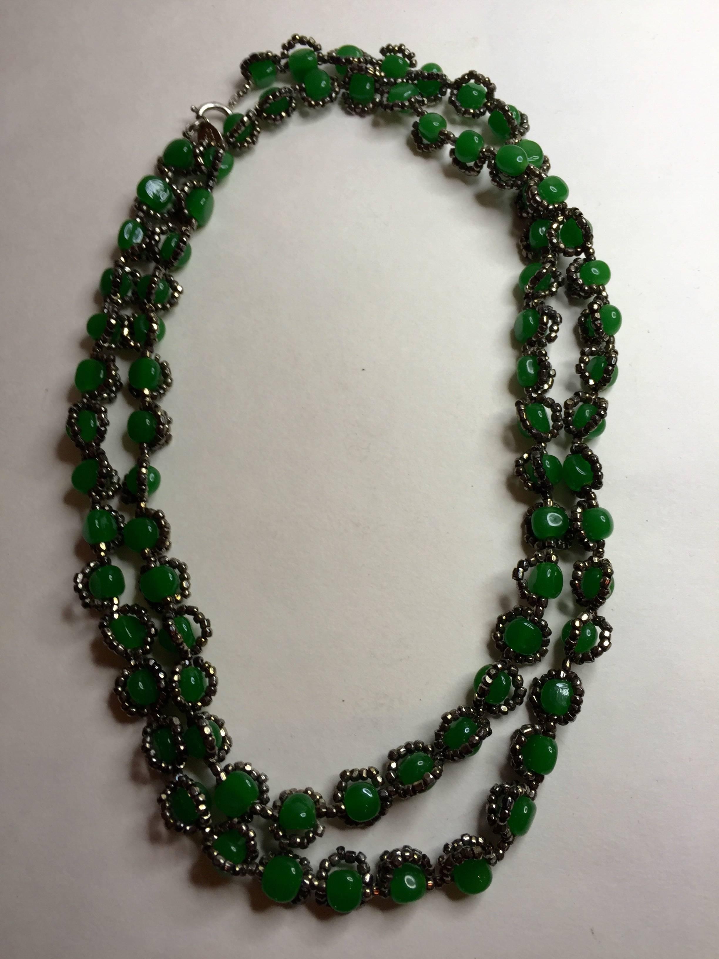 1970's William deLillo Faux Jade and Hematite Seed Bead Necklace For Sale 3