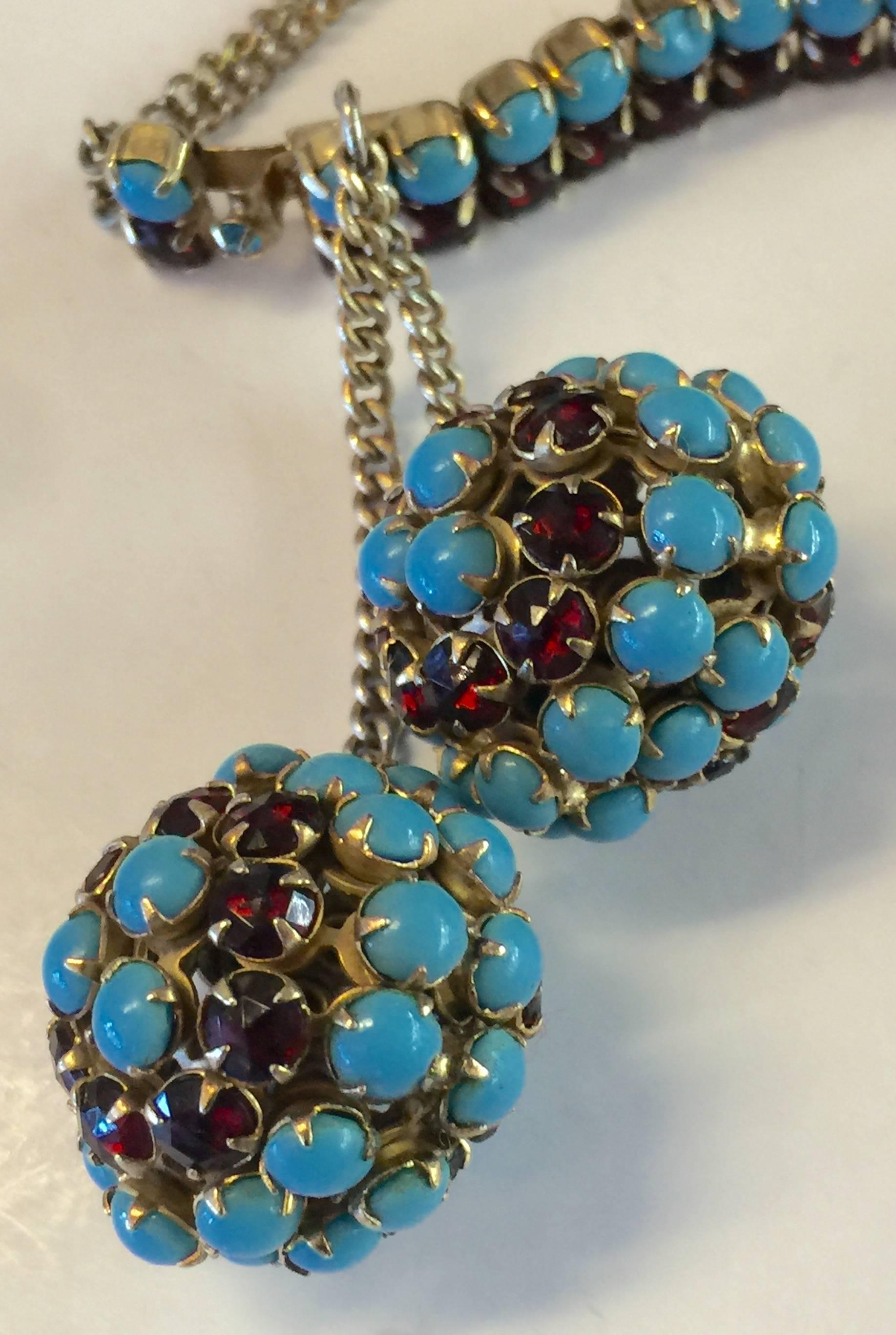 1950s HATTIE CARNEGIE Faux Turquoise & Ruby Retro  Double Ball Drop Bracelet For Sale 1