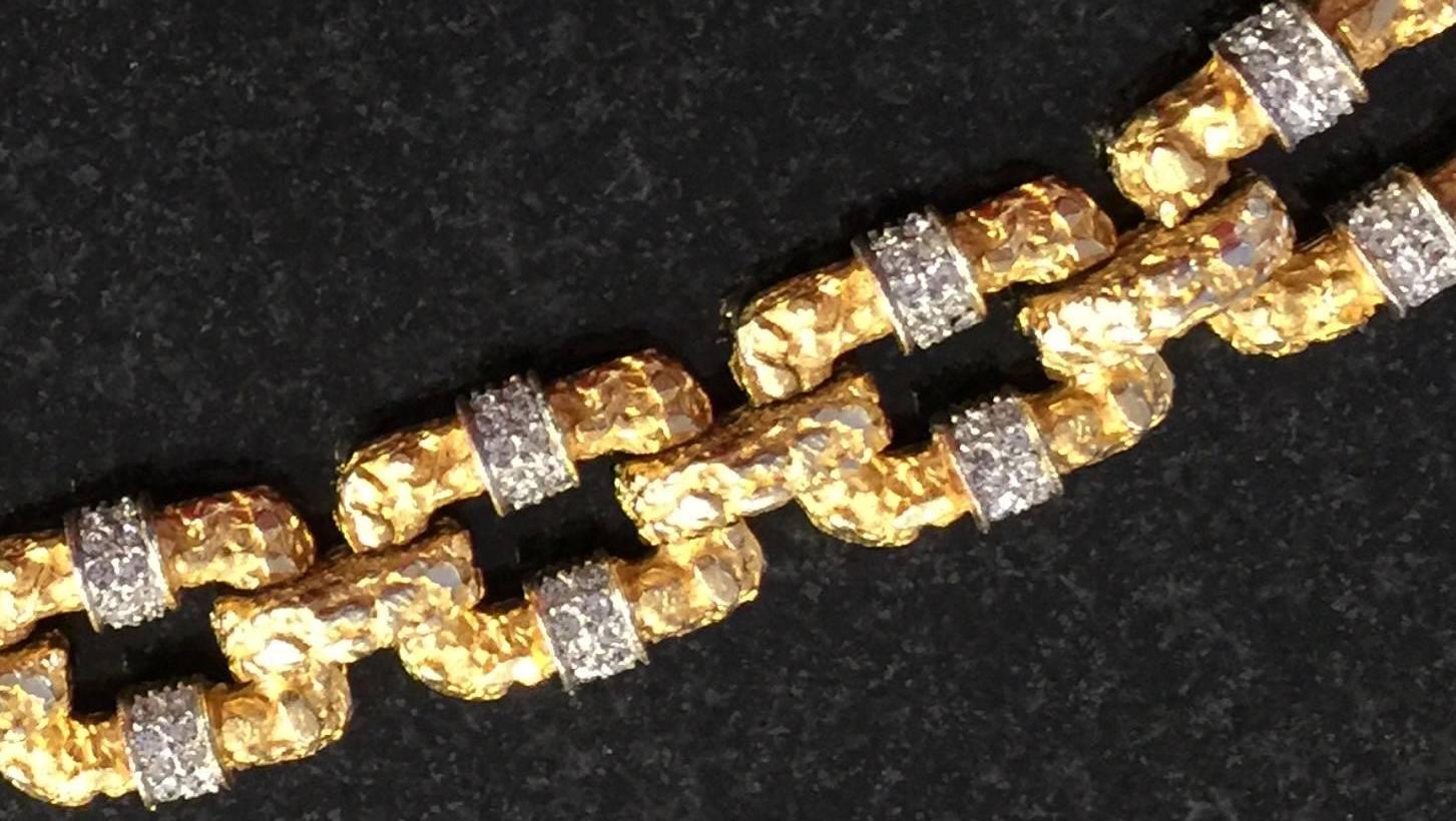 Women's 1960s CARLYLE Brutalist Goldtone and Pave Rhinestone Link Bracelet