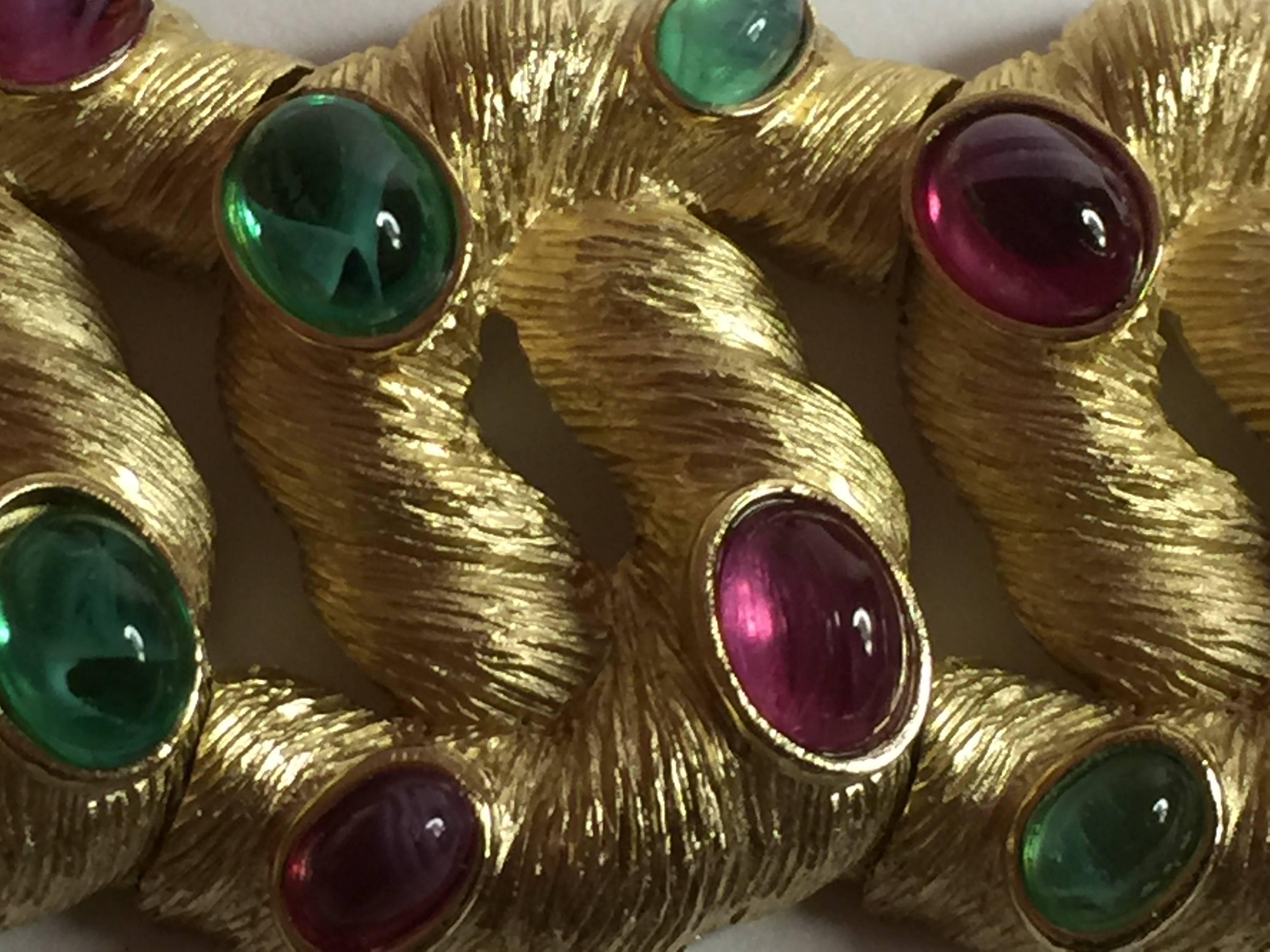 1960s Brushed Gold tone TRIFARI and Faux Emerald and Ruby Cabochon Bracelet 1