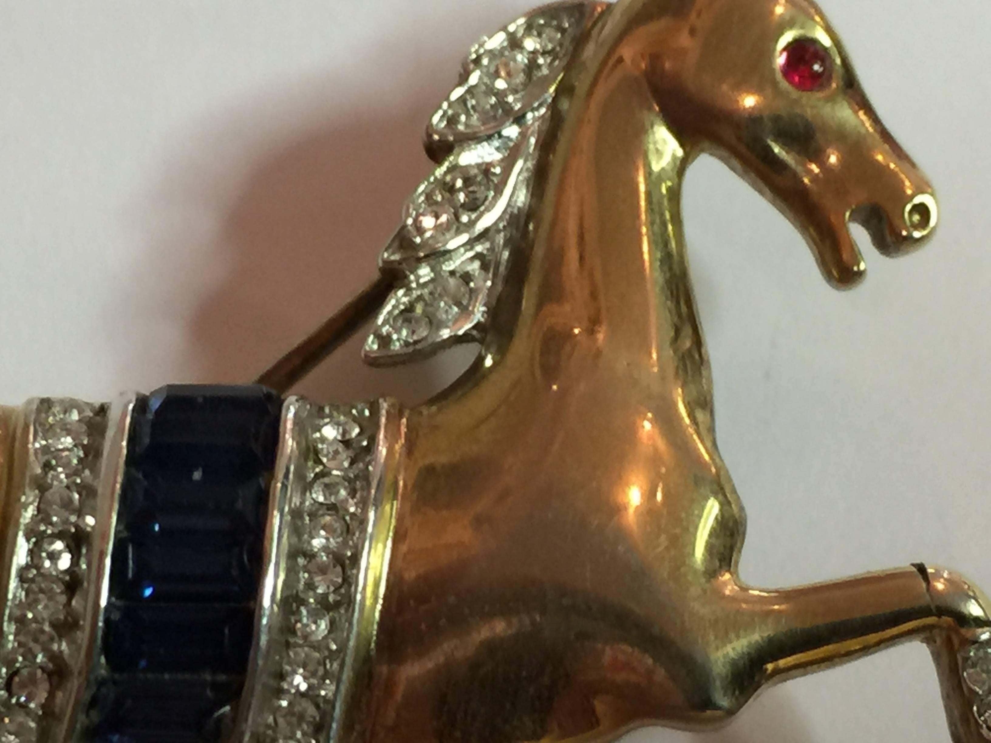 Women's 1940s TRIFARI Faux Sapphire Diamond Retro Horse Stallion Pin Brooch For Sale