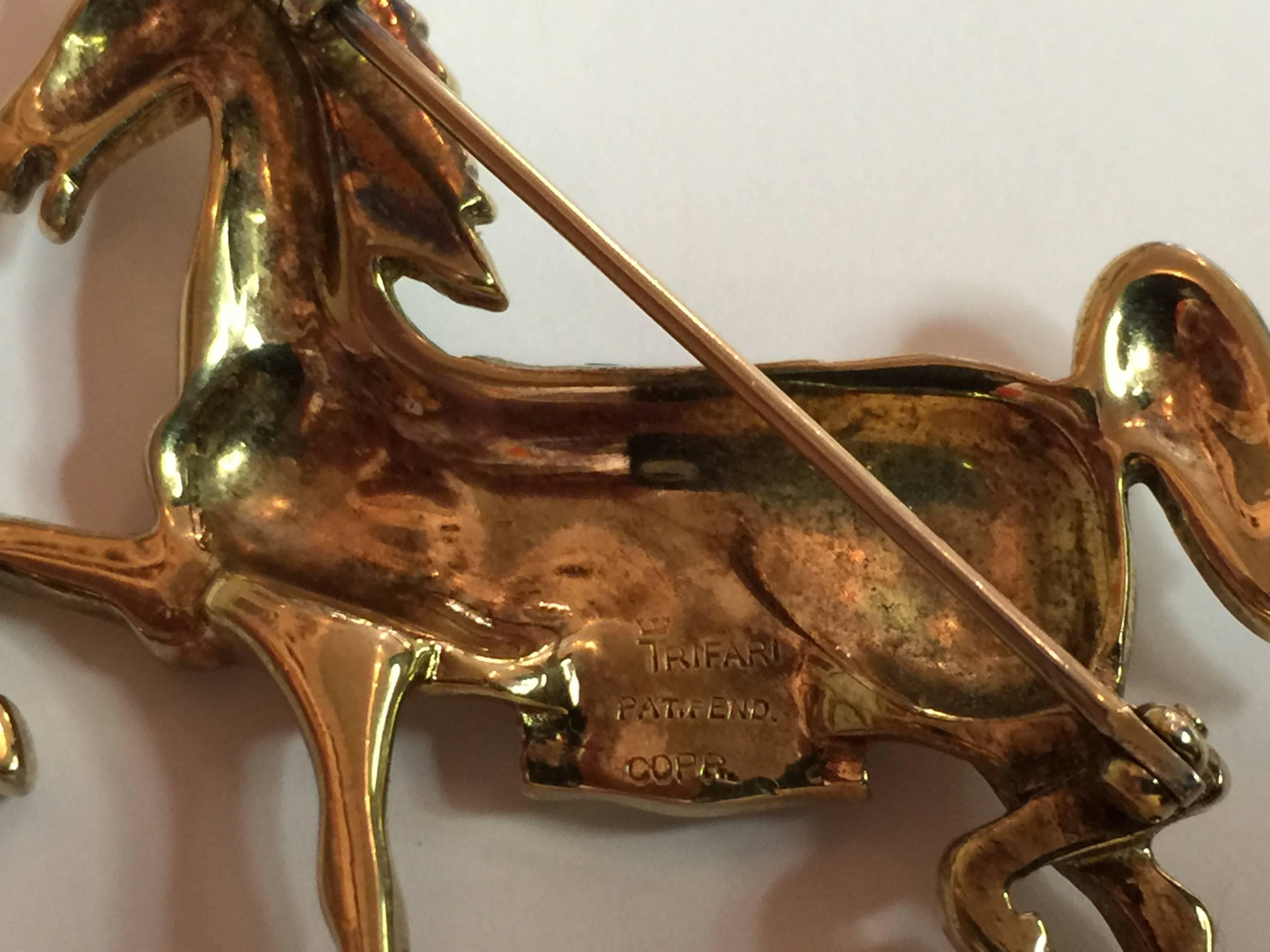 1940s TRIFARI Faux Sapphire Diamond Retro Horse Stallion Pin Brooch For Sale 1