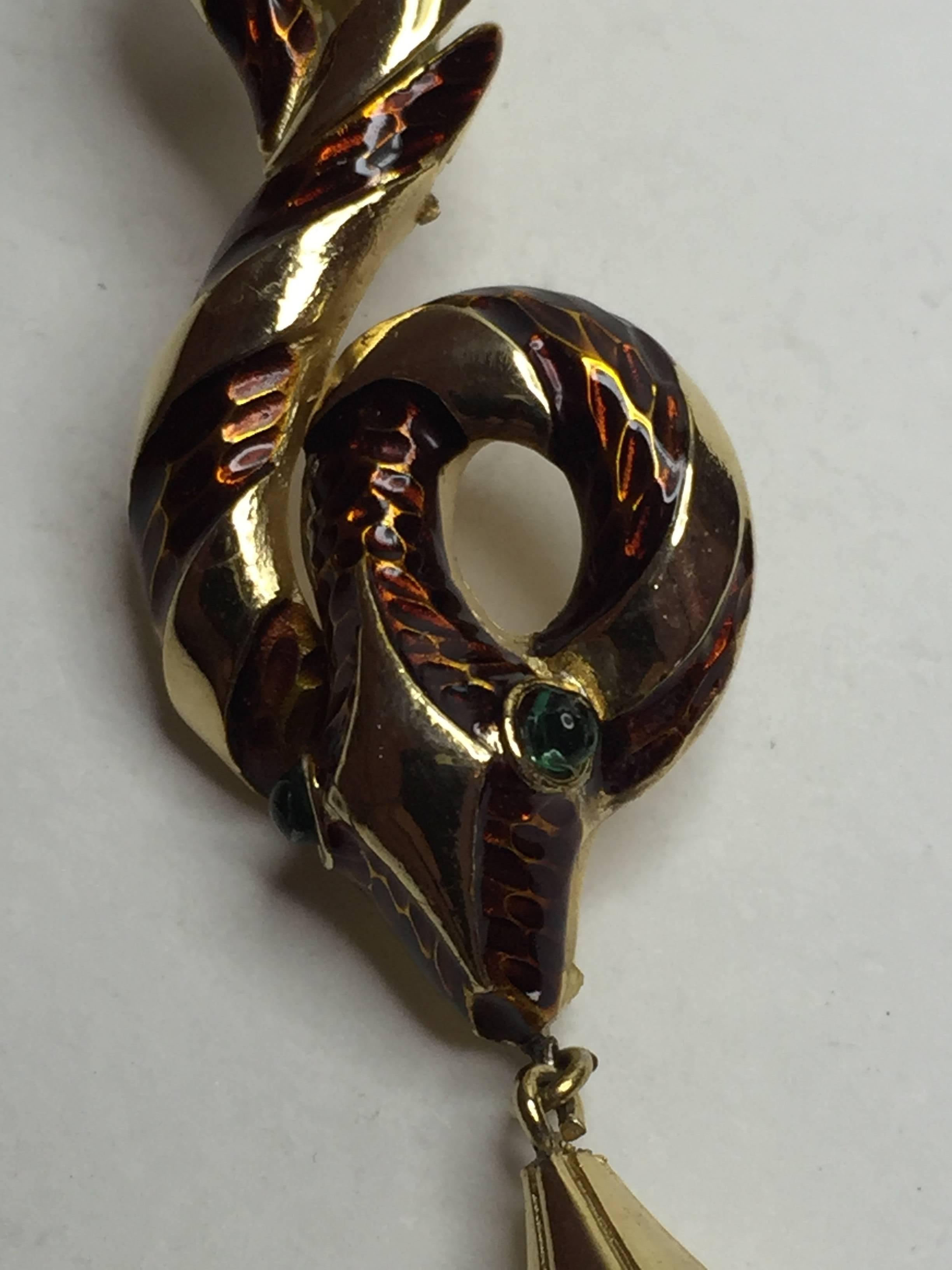 1960s TRIFARI Enamel & Goldtone Coiled Snake Brooch Pin with Amber Teardrop For Sale 1