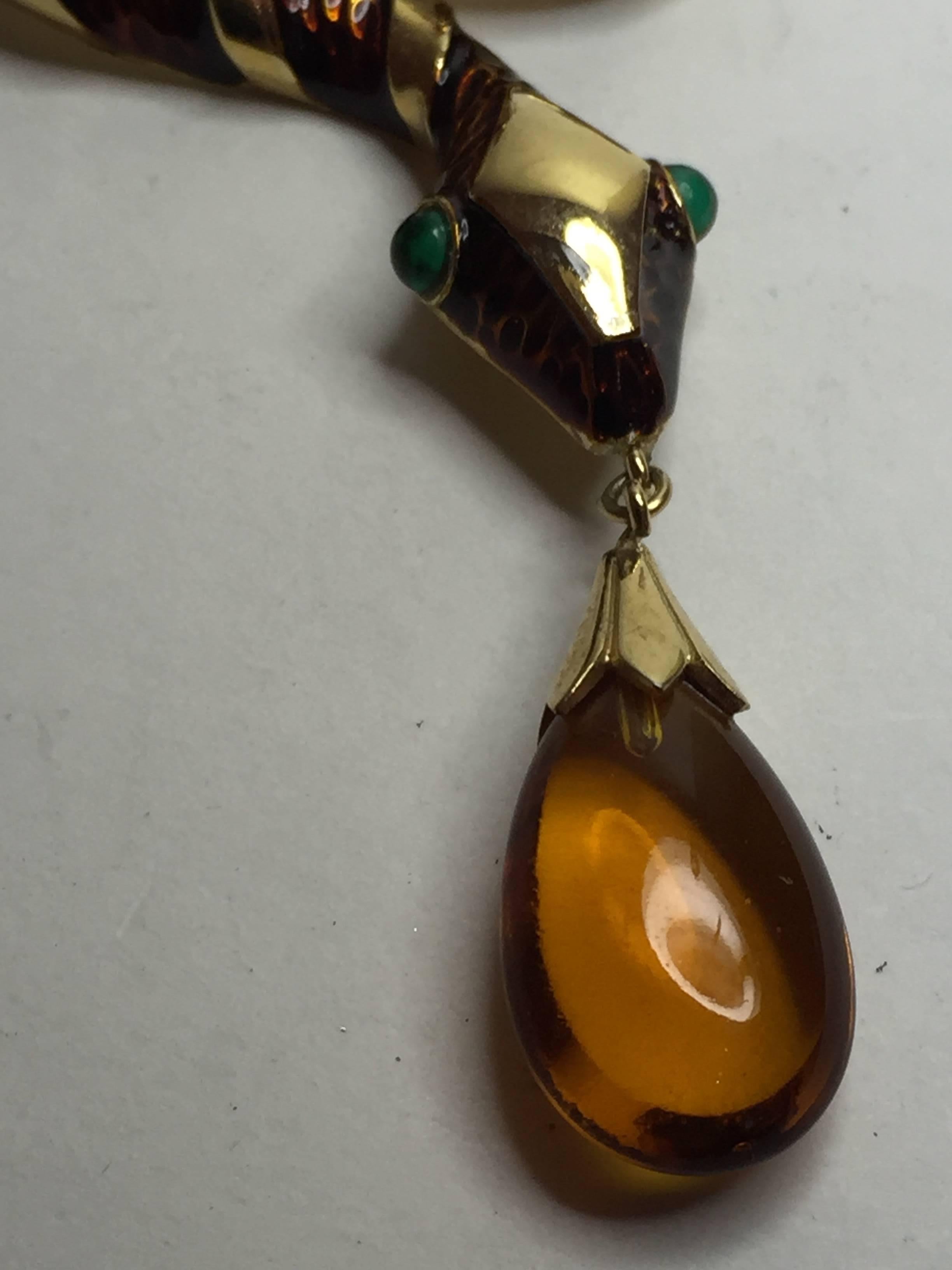 1960s TRIFARI Enamel & Goldtone Coiled Snake Brooch Pin with Amber Teardrop For Sale 2