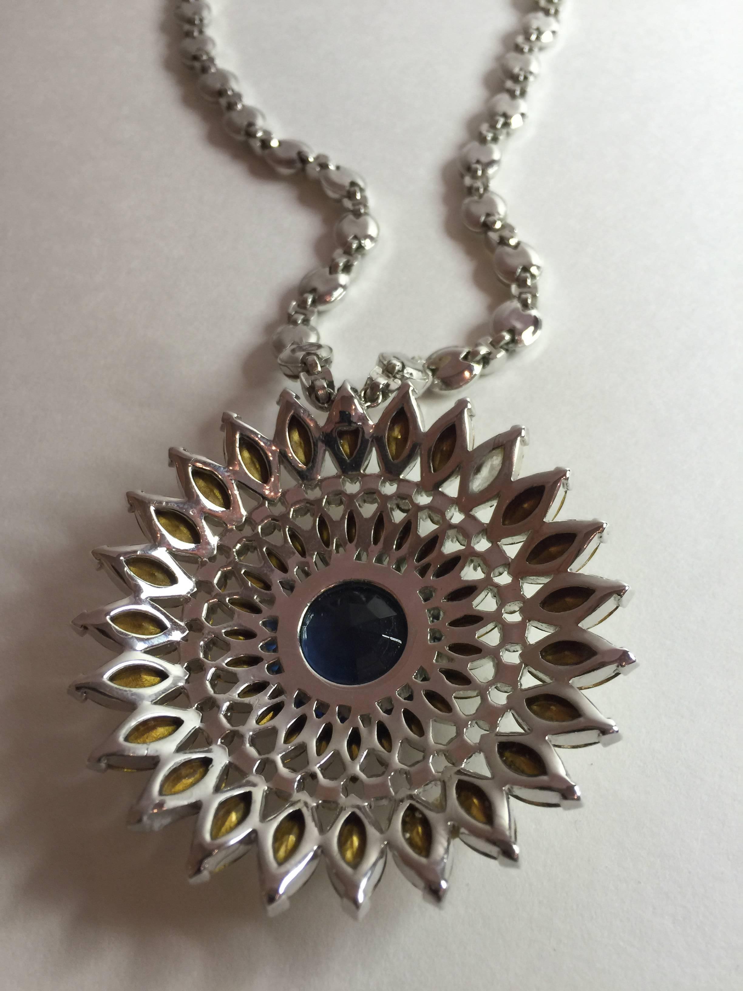 Women's 1950s TRIFARI Rhodium Silvertone Faux Sapphire & Diamond Pendant DROP Necklace For Sale