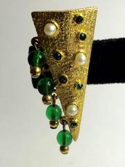 HOBE Elongated Triangular Earrings with Faux Emerald Inlay and Drop Beadwork