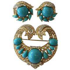 Retro 1960s TRIFARI Jewels of India Pin/Brooch and Earring Set