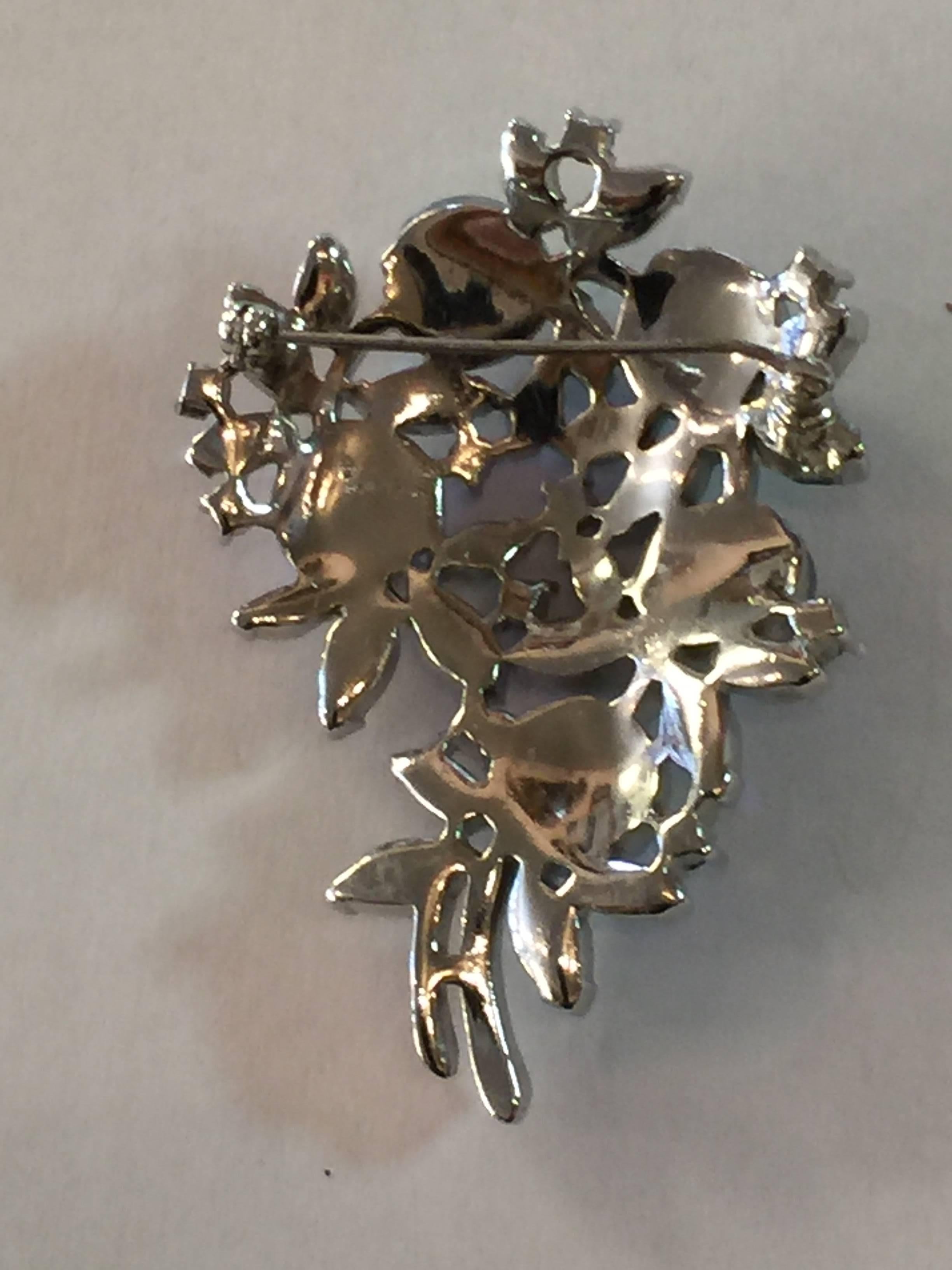 Women's 1950s Rhodium TRIFARI Floral Brooch Pin Borealis RARE Molded Rose Stonework For Sale