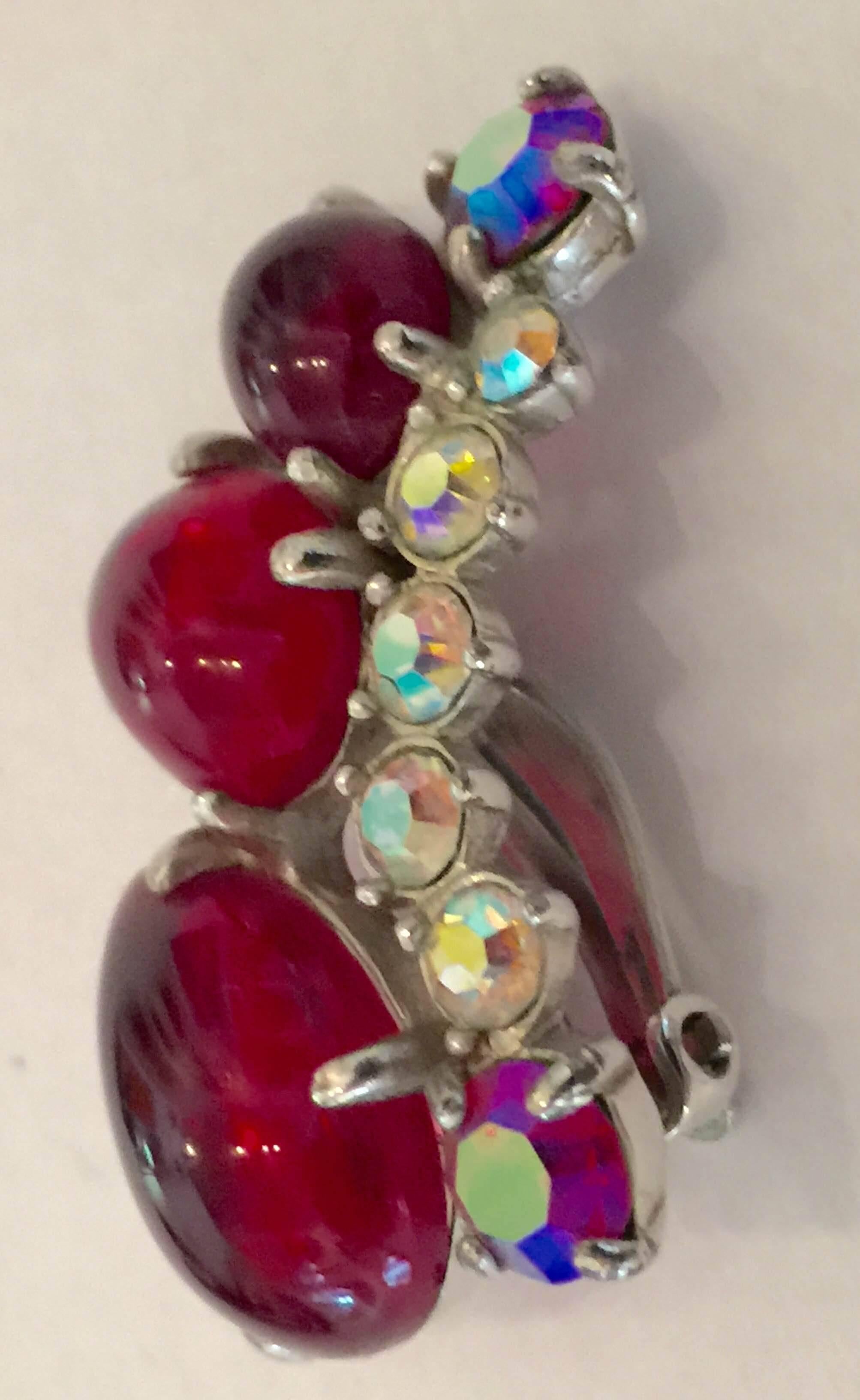 1950s Large SCHIAPARELLI  Ruby Red Crescent Borealis Cabochon Clip Earrings In Excellent Condition In Palm Springs, CA