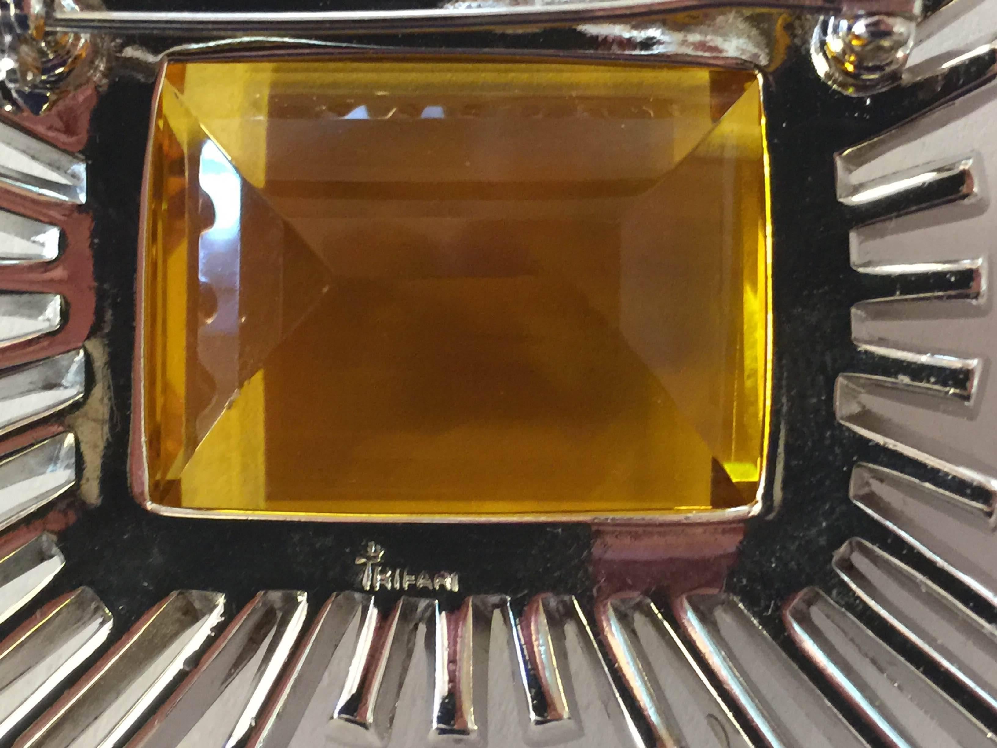 Women's Dazzling 1950s Brilliant Baguette TRIFARI Brooch Pin with MASSIVE Amber Stone For Sale