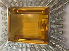 Dazzling 1950s Brilliant Baguette TRIFARI Brooch Pin with MASSIVE Amber Stone