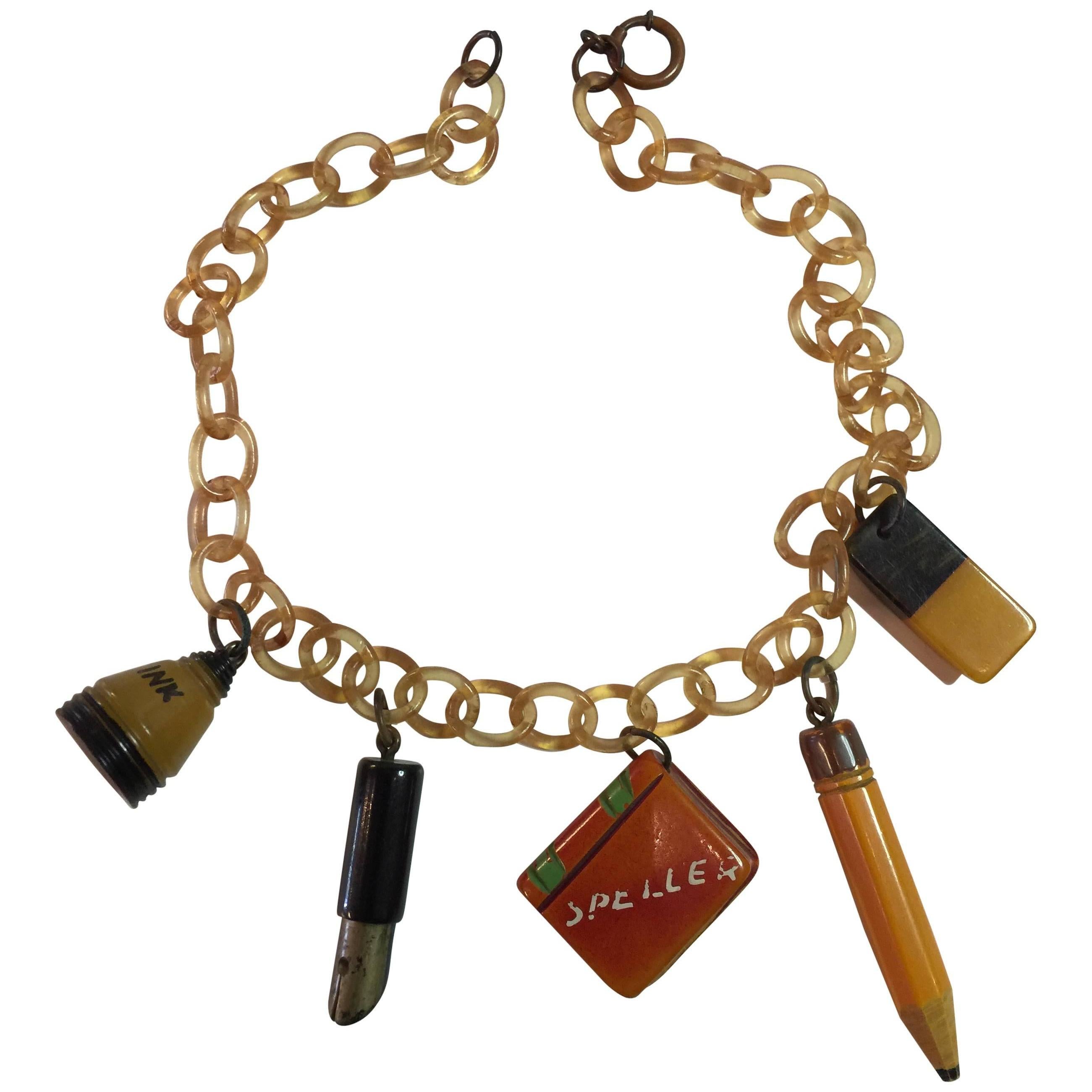 1930s Figural Bakelite Schooldays Theme Charm Necklace For Sale