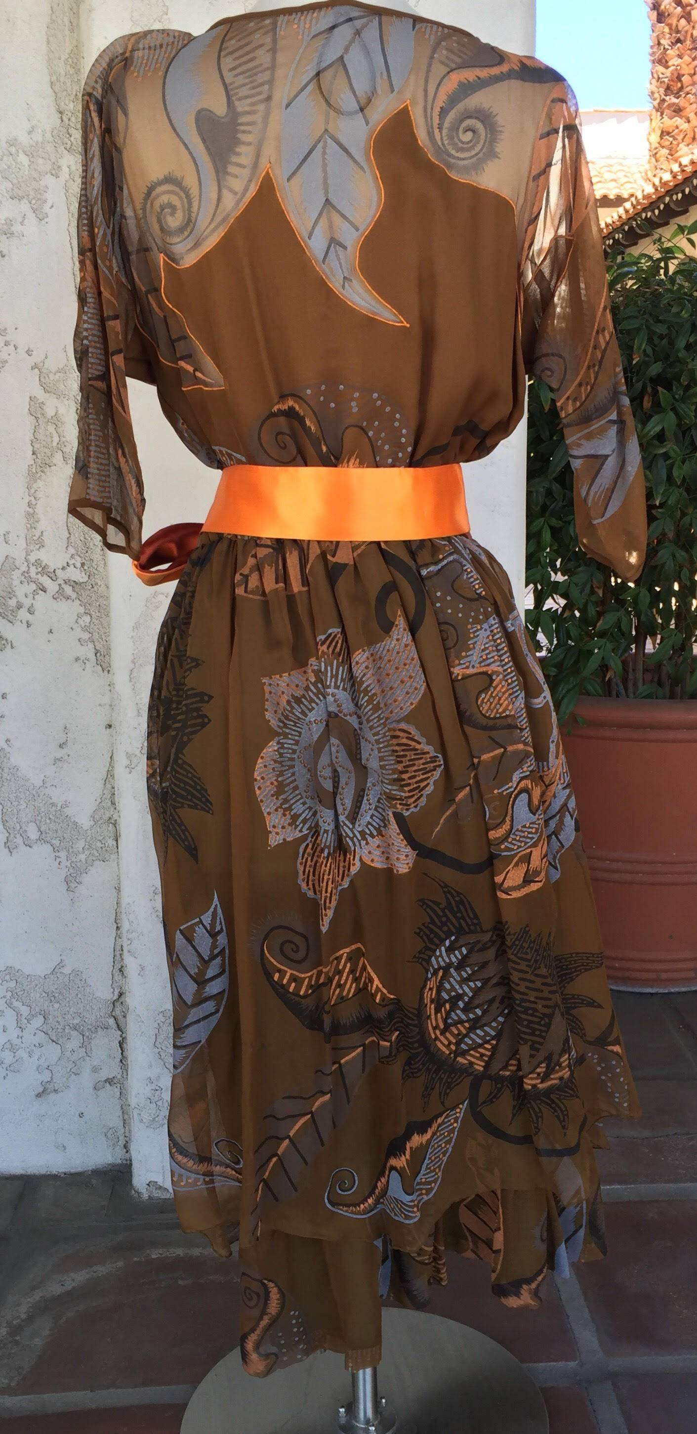 Brown 1970s Zandra Rhodes Hand-Painted Silk Chiffon Dress Embellished Beads Sequins For Sale