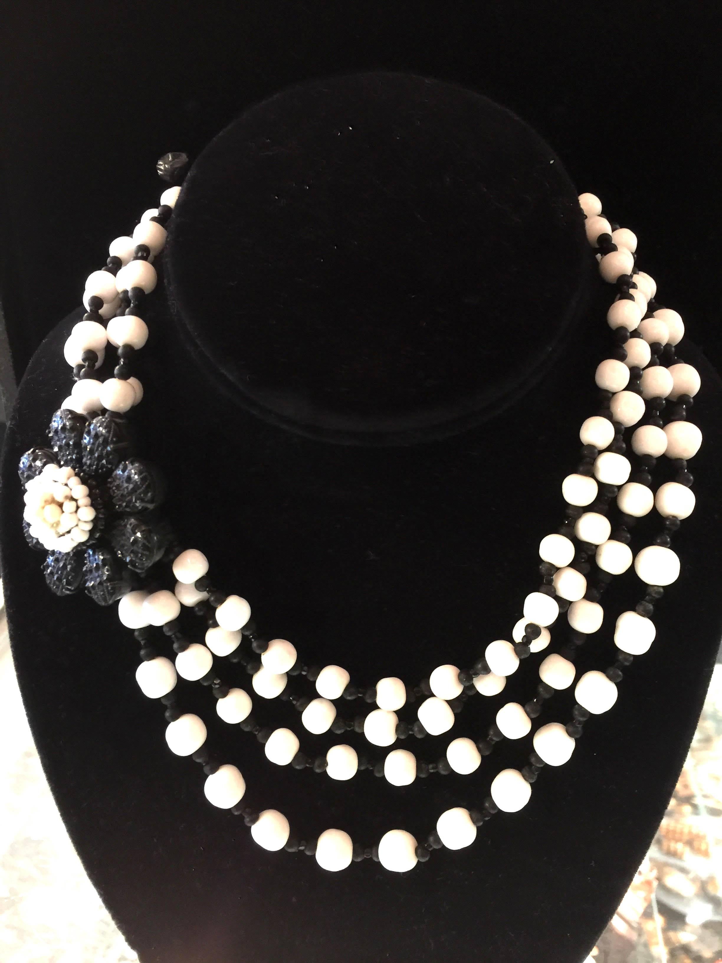 MIRIAM HASKELL 4 Strand Milk White Glass Black Bead Florette Detailed Necklace 1