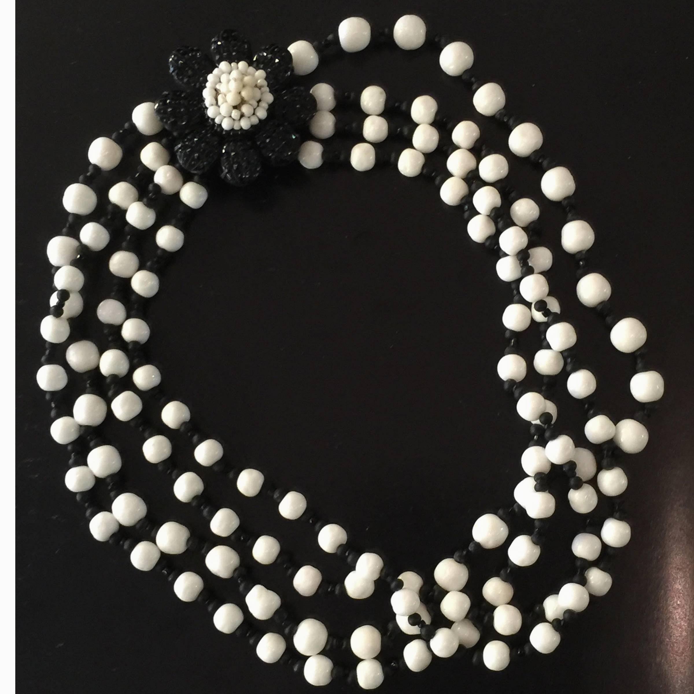 MIRIAM HASKELL 4 Strand Milk White Glass Black Bead Florette Detailed Necklace 3