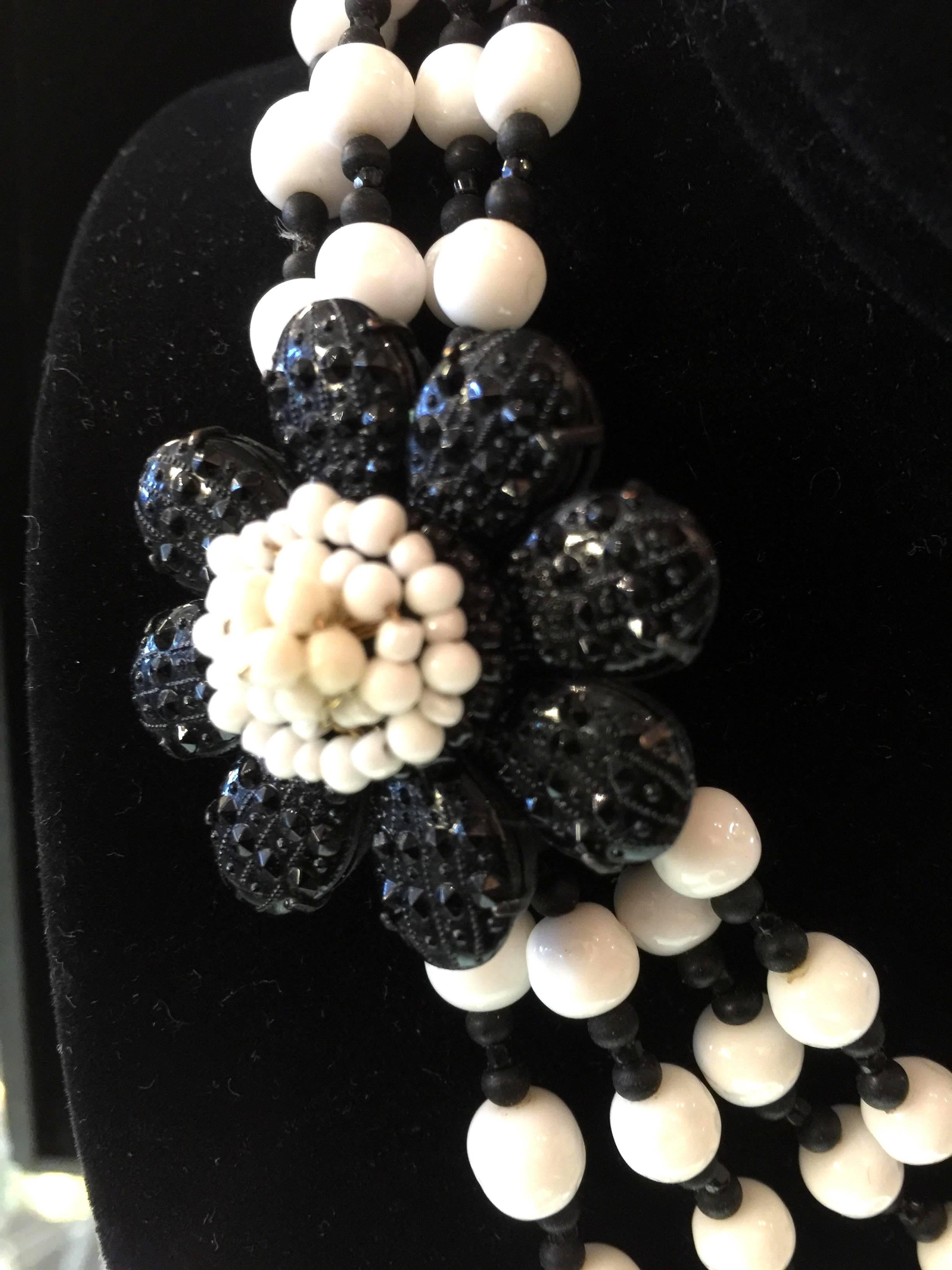 Women's MIRIAM HASKELL 4 Strand Milk White Glass Black Bead Florette Detailed Necklace