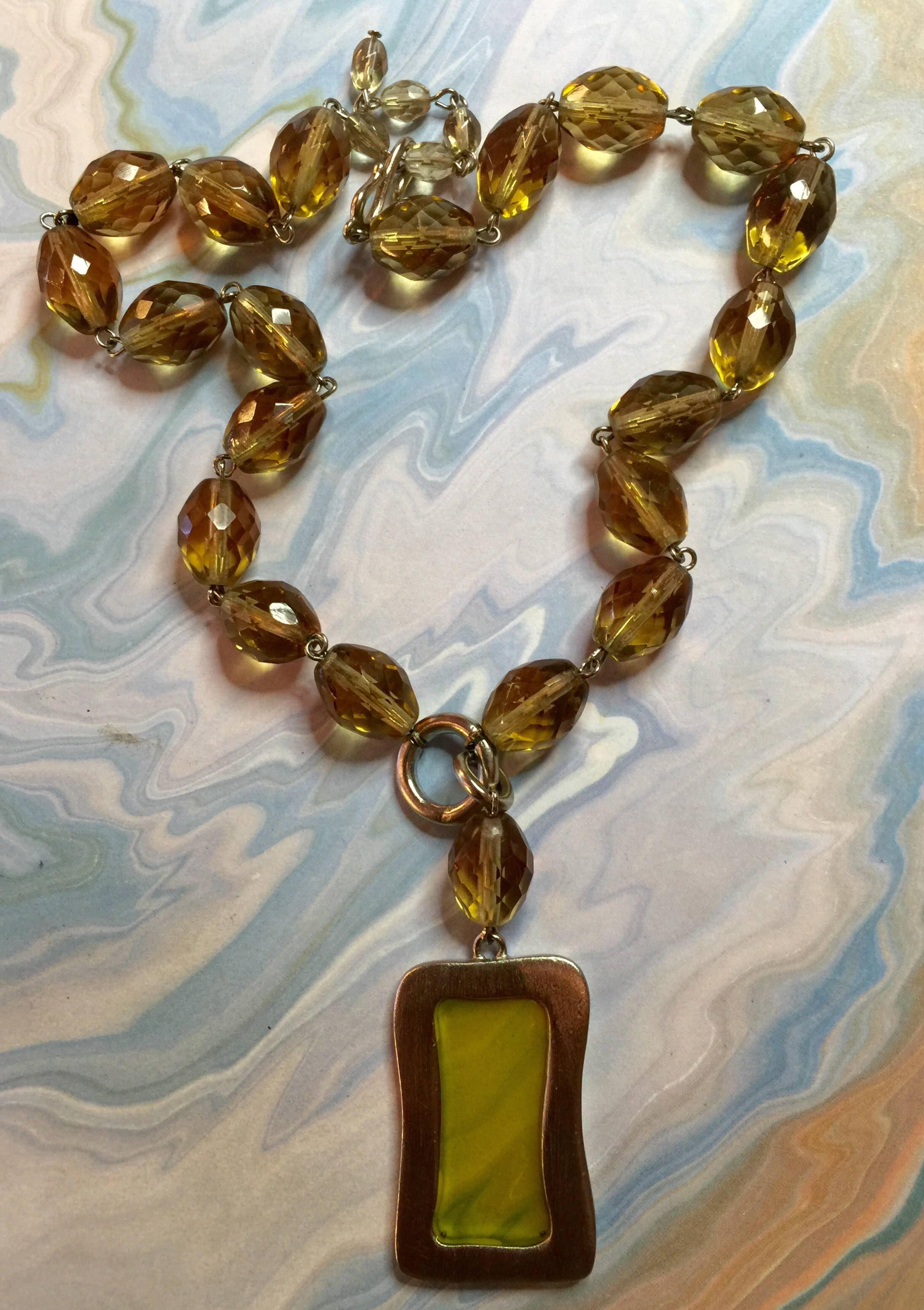 Givenchy Faceted Amber Bead Necklace with Poured Glass Rectangle Pendant For Sale 3