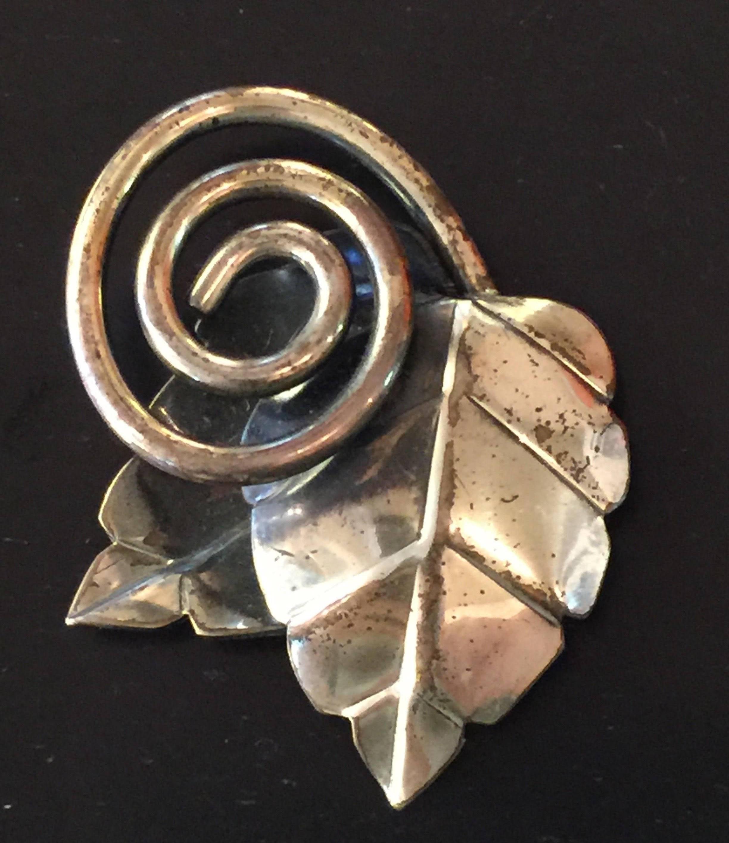 REBAJES Sterling Silver Anodized Modernist Coiled Leaf Pin Brooch In Excellent Condition For Sale In Palm Springs, CA