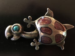 Mexican Sterling Silver Enamel DOMINGUEZ Turtle Pin Brooch