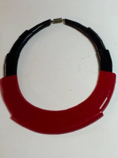 1930s Art Deco French Red Black Galalith Necklace by August Bonaz