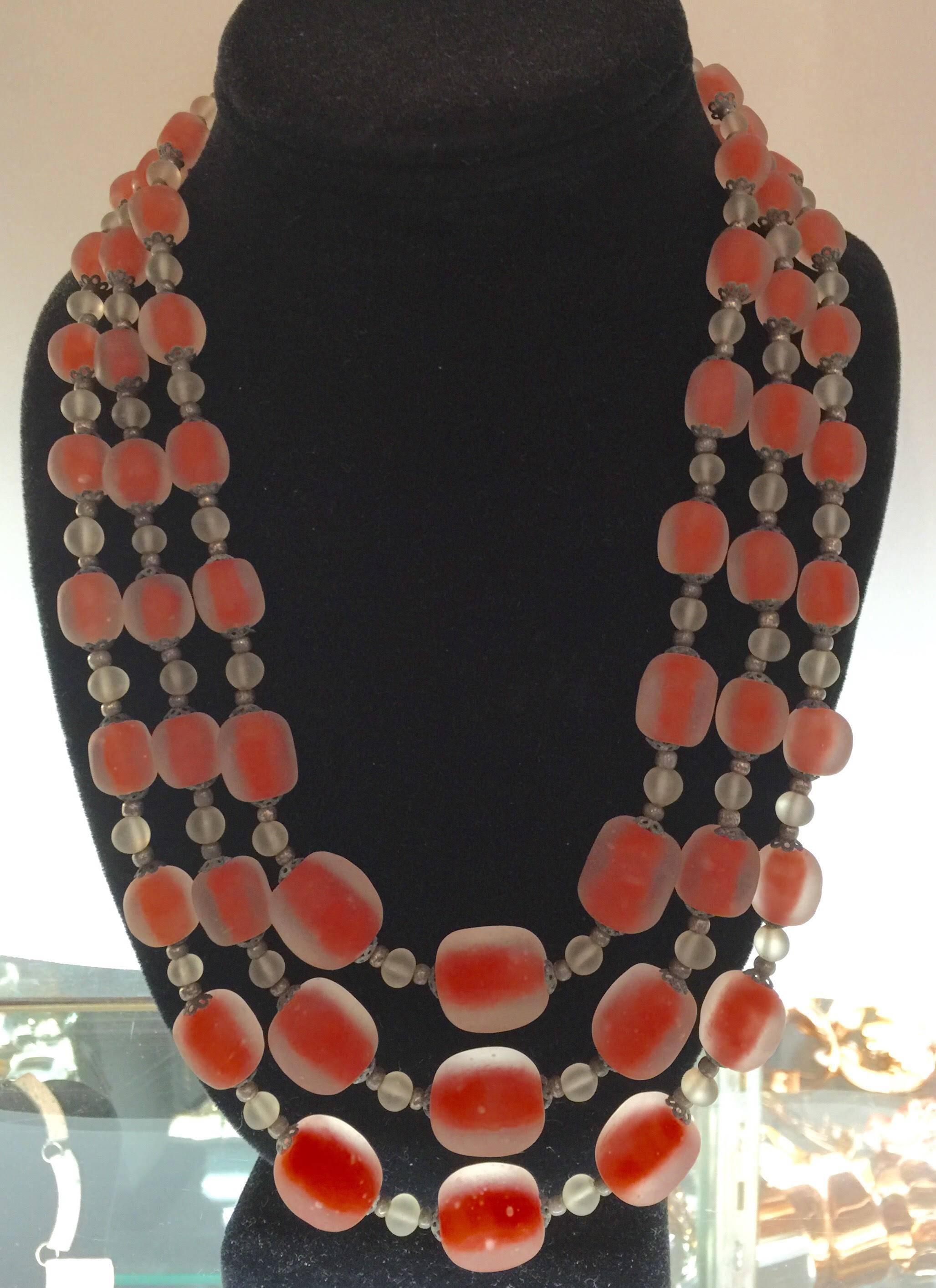 Women's 1960s Italian Frosted and Cased Glass Beaded Triple Strand Necklace For Sale
