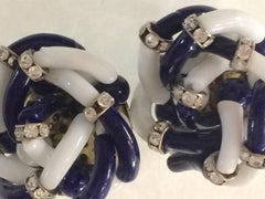 Archimede Seguso for CHANEL Navy Blue White Glass & Diamante Clip on Earrings