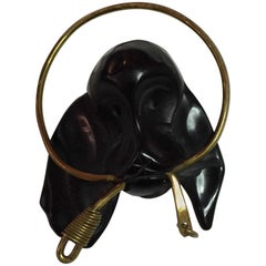 Vintage Black Bakelite Dog Hound Head Pin with Brass Encircling Leash Detail Brooch/Pin