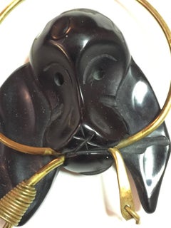 Black Bakelite Dog Hound Head Pin with Brass Encircling Leash Detail Brooch/Pin