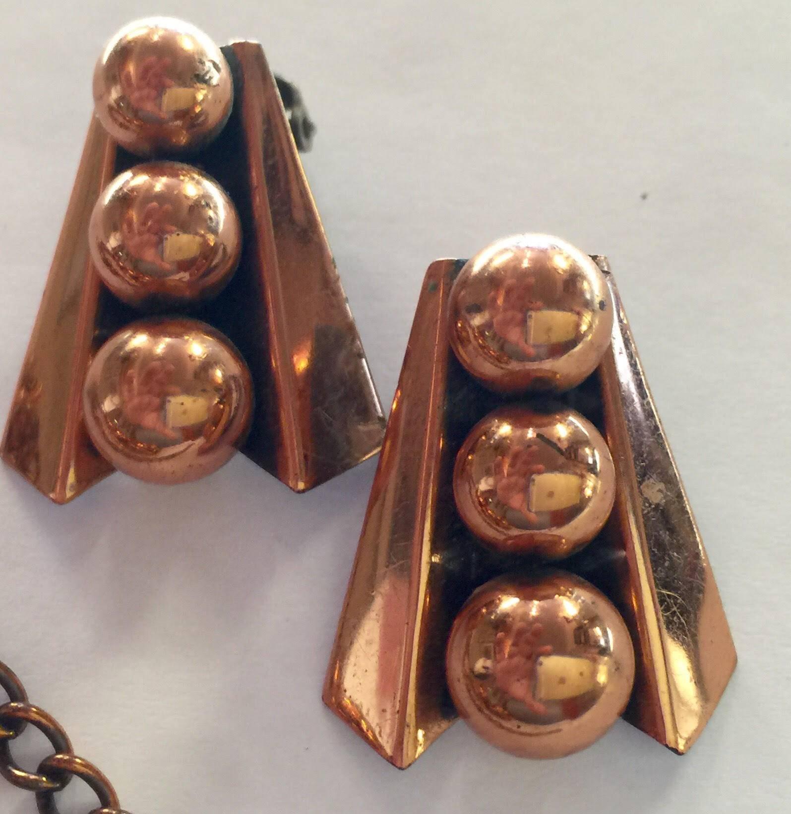 Women's Renoir of California Mid Century Modernist Copper Machined Clip On Earrings For Sale