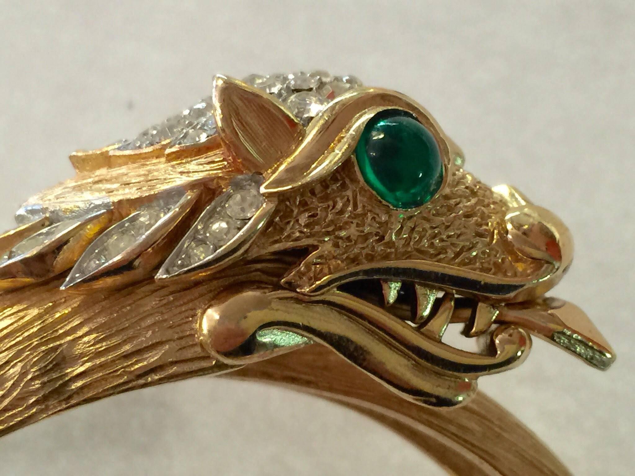 Women's or Men's Trifari Matte Brushed Goldtone Diamante Green Cabochon Dragon Hinged Bracelet For Sale