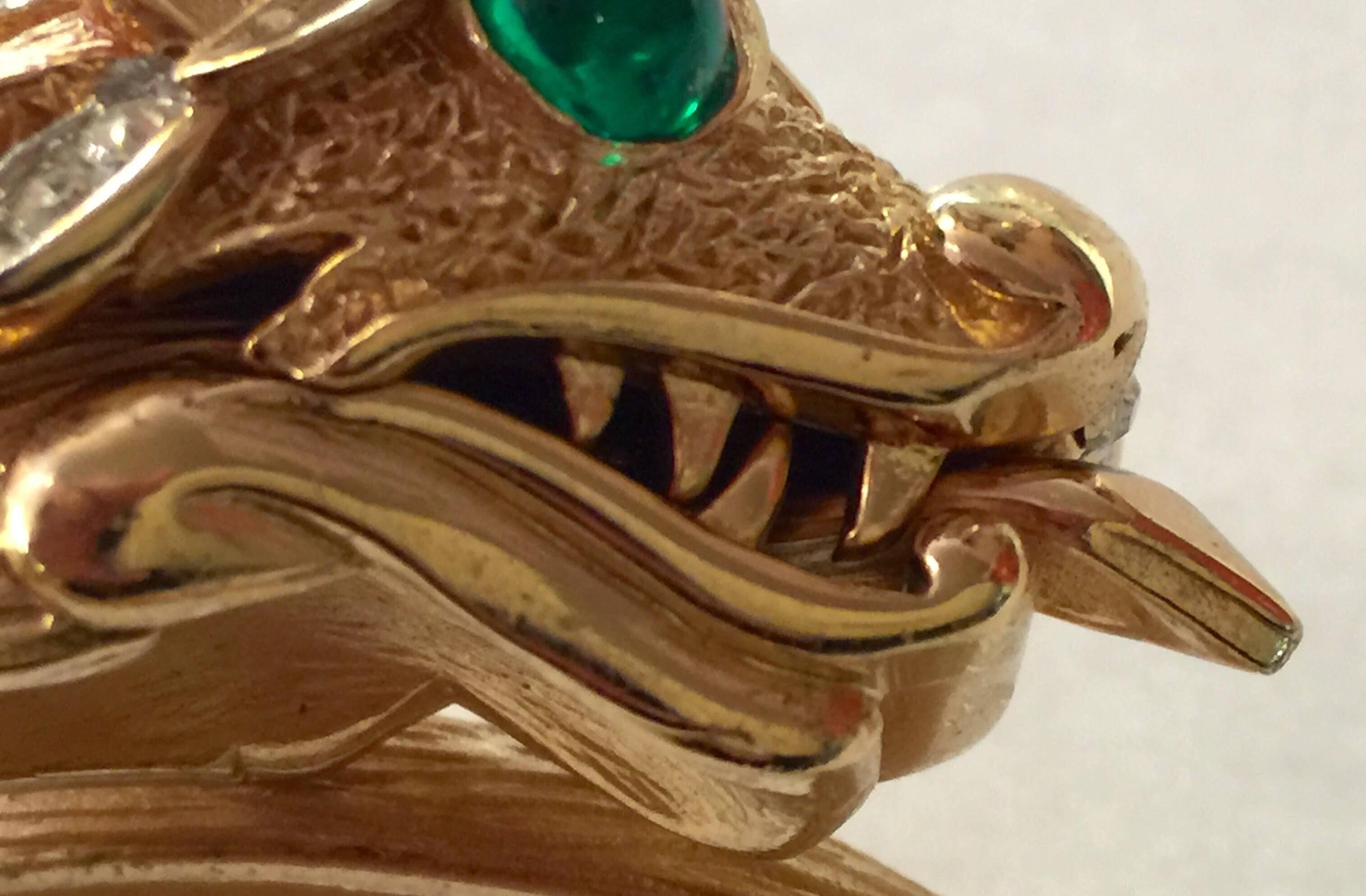 Trifari Matte Brushed Goldtone Diamante Green Cabochon Dragon Hinged Bracelet For Sale 1