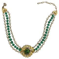 Miriam Haskell 1950s green glass and faux pearls necklace
