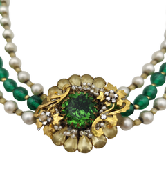 Miriam Haskell 1950s green glass and faux pearls necklace